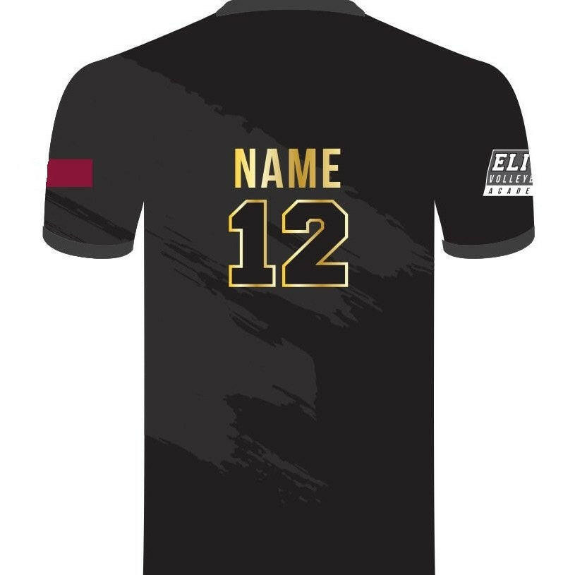 Black sports jersey with gold text on a white background