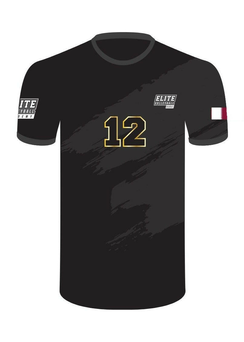 Black sports jersey with gold text on a white background