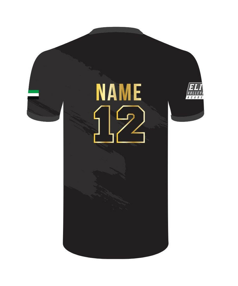 Black sports jersey with gold text on a white background