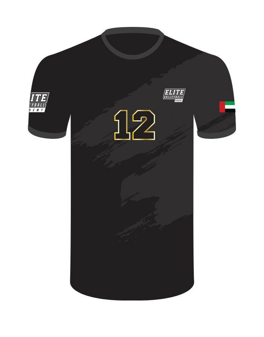 Black sports jersey with gold text on a white background