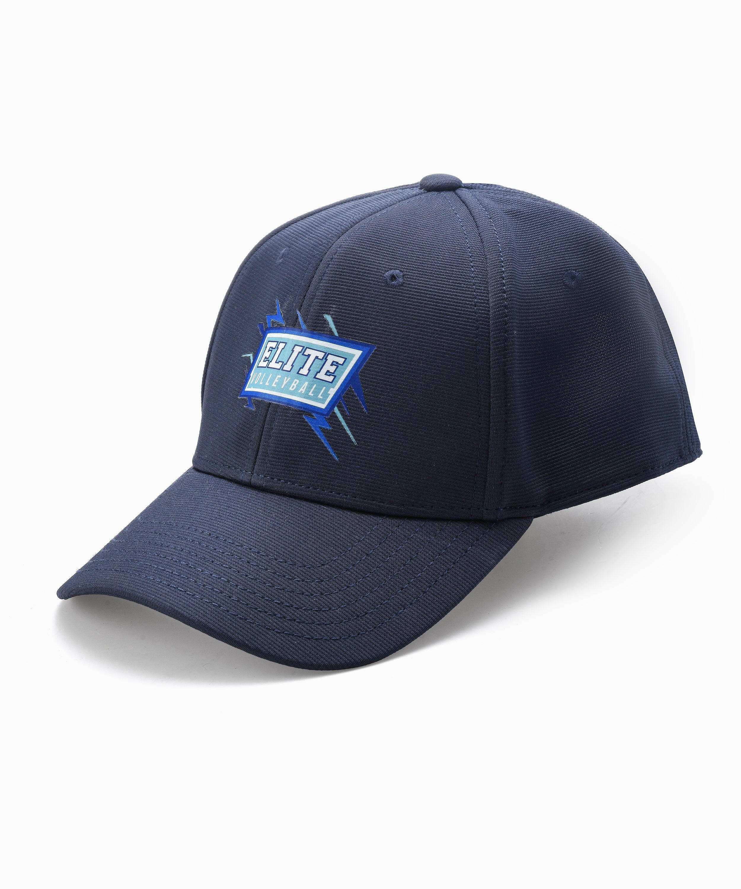 A navy blue baseball cap with a logo on the front.