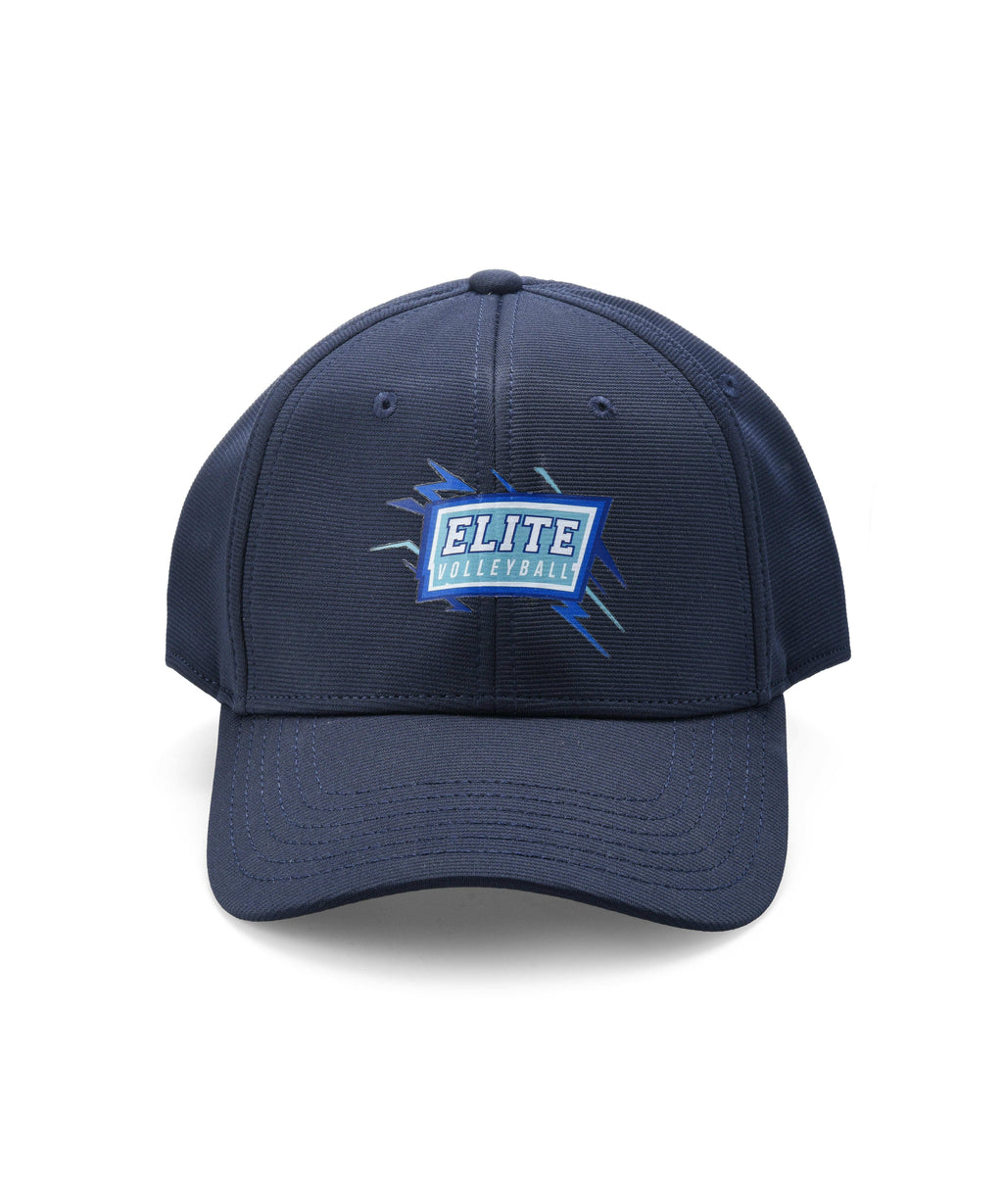 A navy blue baseball cap with a logo on the front.