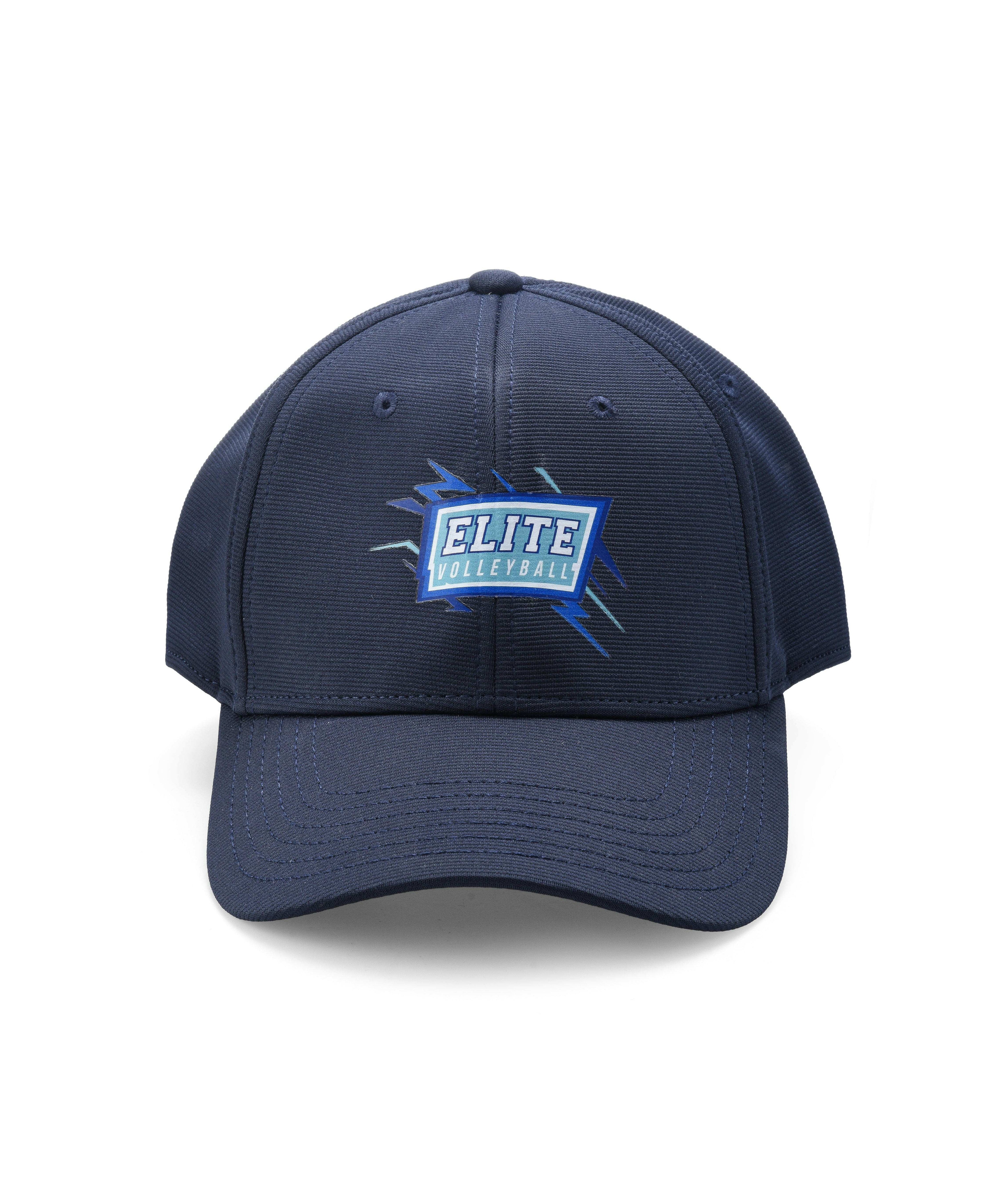 A navy blue baseball cap with a logo on the front.