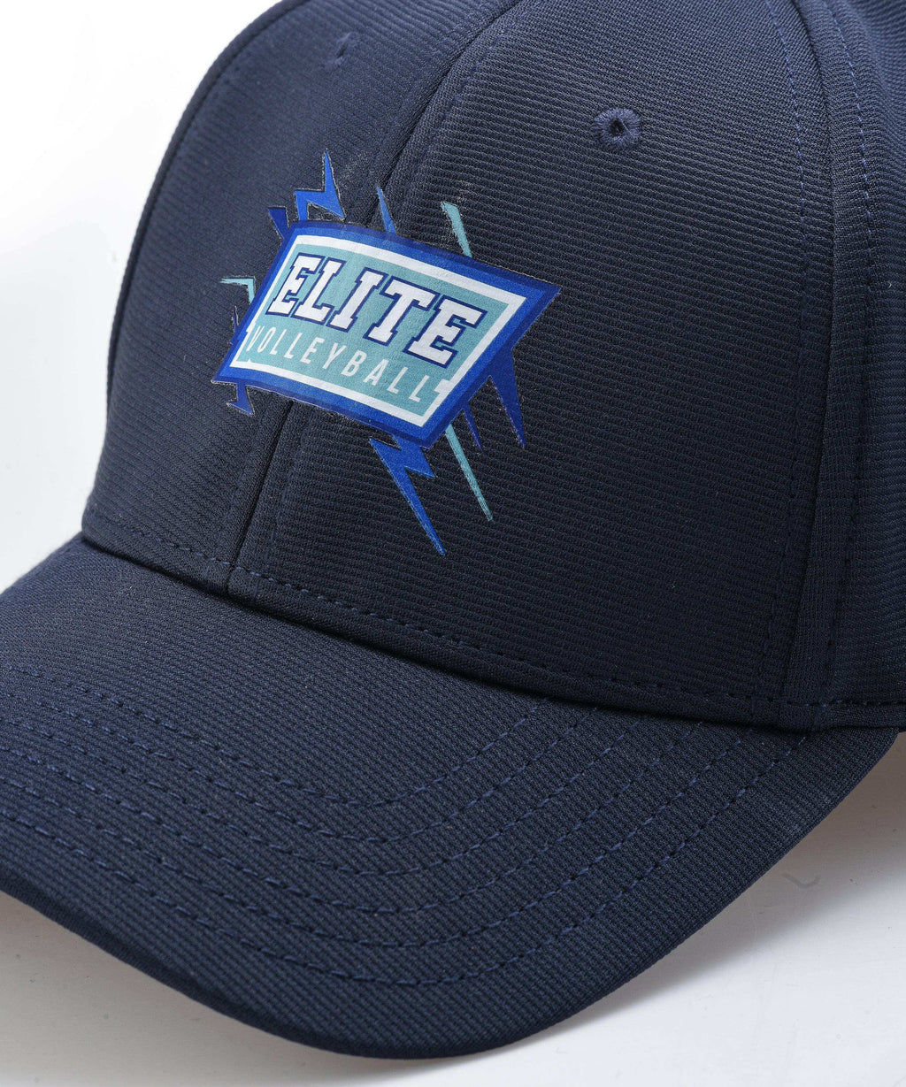 A navy blue baseball cap with a logo on the front.