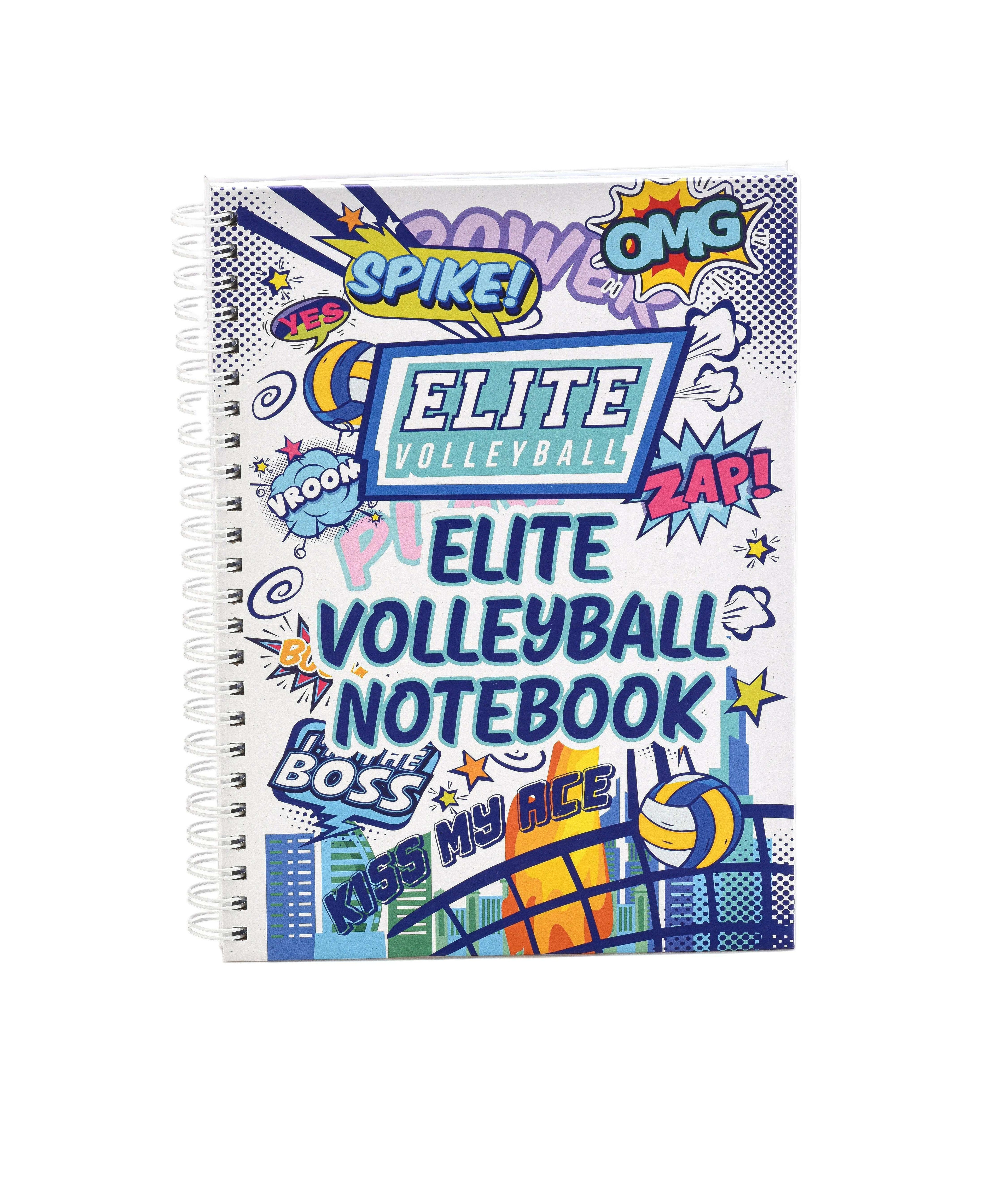 Spiral-bound notebook with colorful volleyball-themed design on a white background