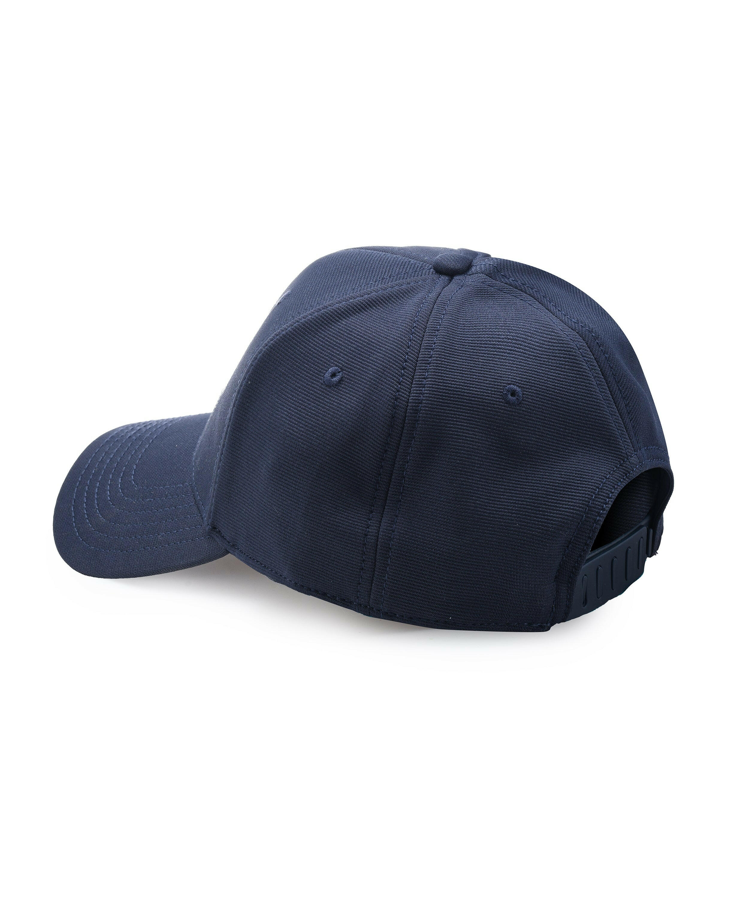 A navy blue baseball cap with a logo on the front.
