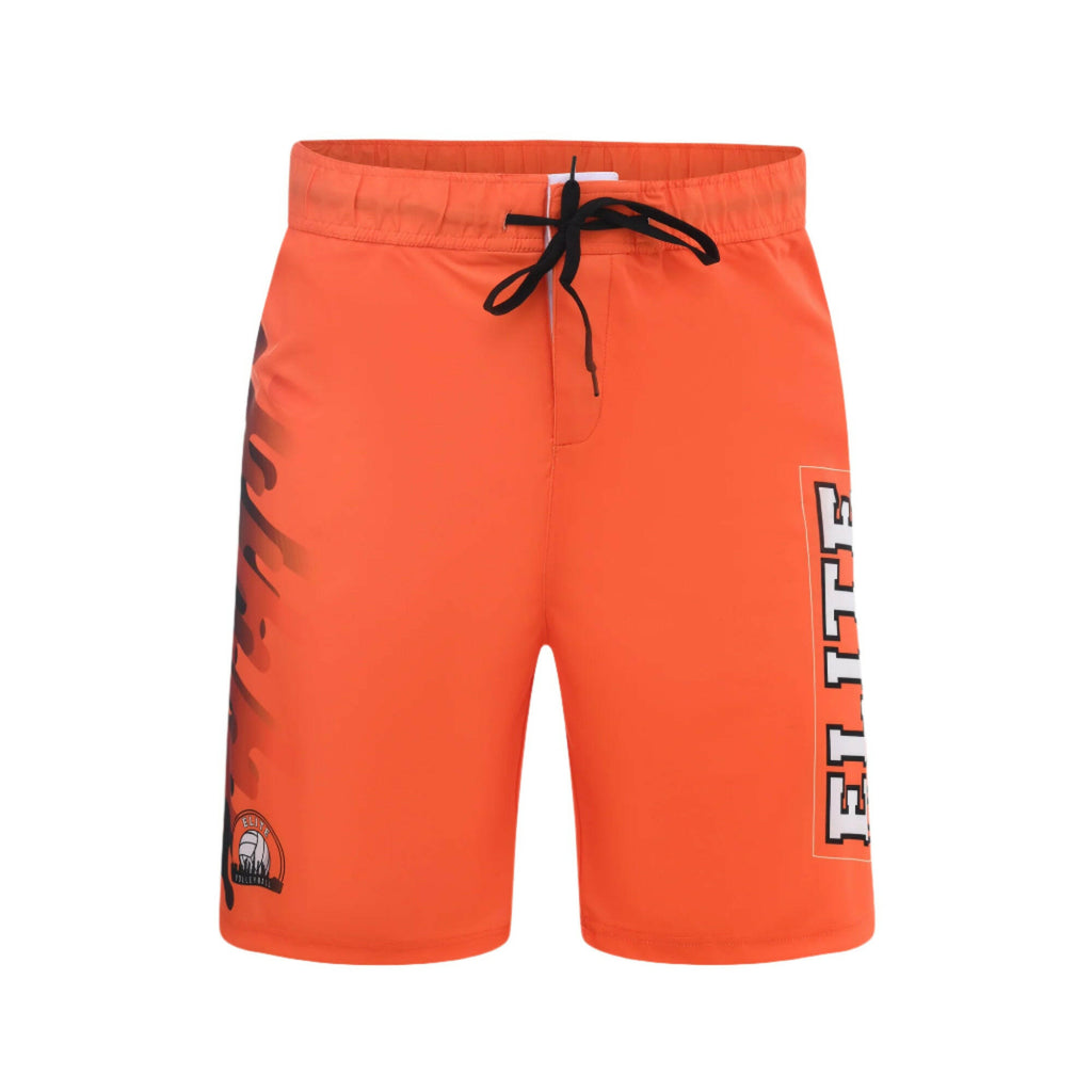 A pair of orange swim shorts with a drawstring waist and 'ELITE' text on the right leg.
