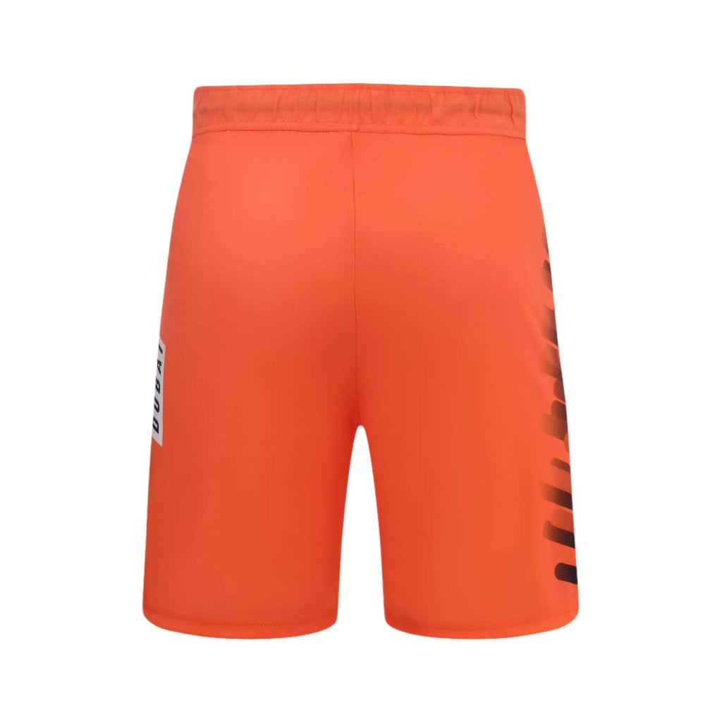 A pair of orange swim shorts with a drawstring waist and 'ELITE' text on the right leg.