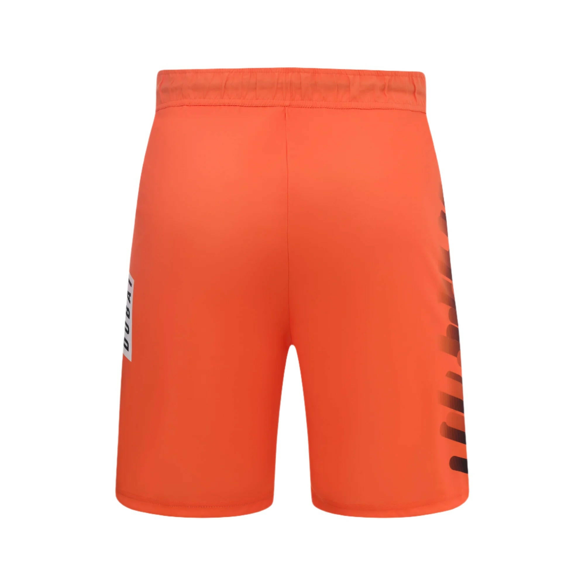 A pair of orange swim shorts with a drawstring waist and 'ELITE' text on the right leg.