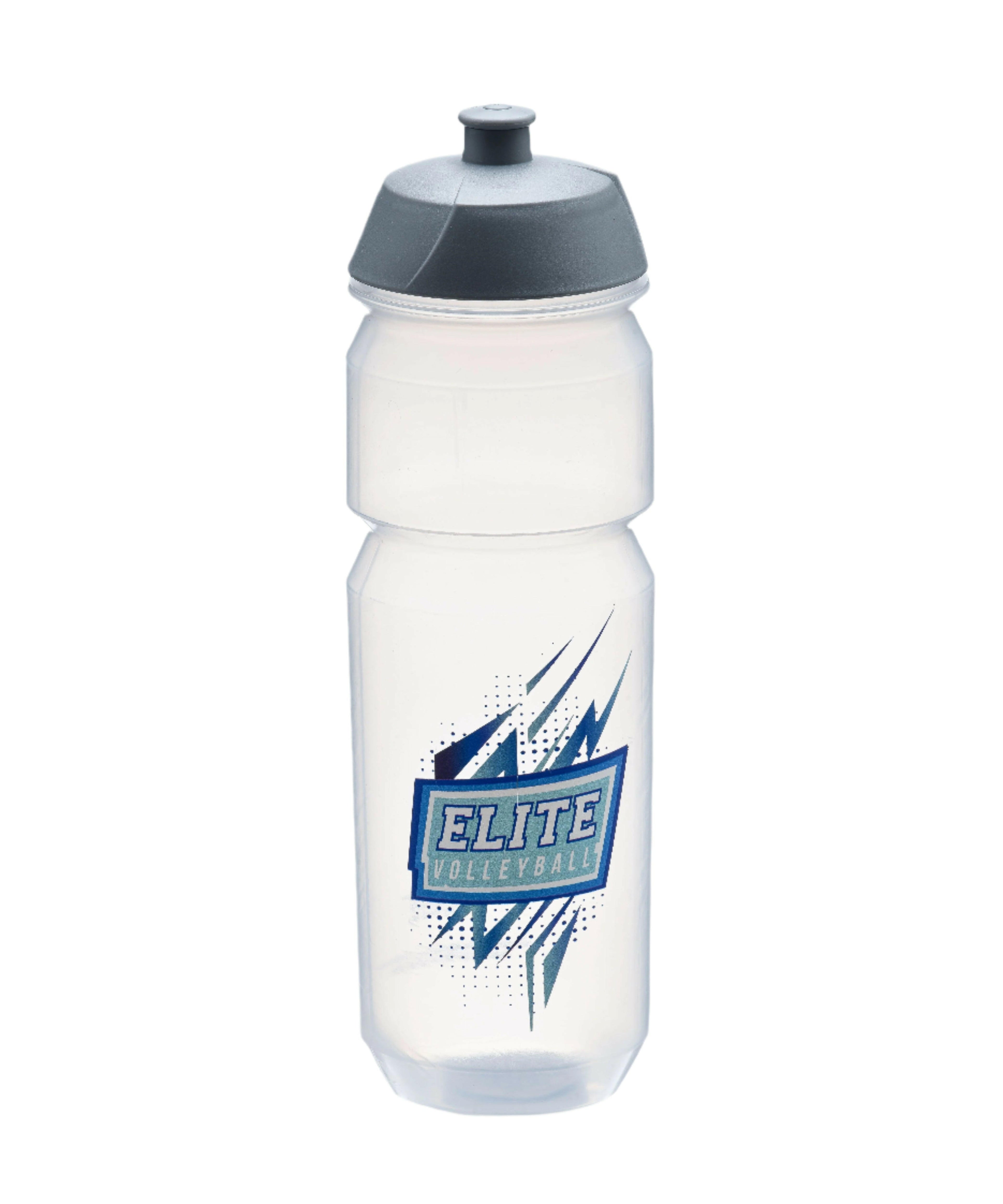 A gray and clear water bottle with 'Elite Volleyball Academy' logo printed in blue and black.