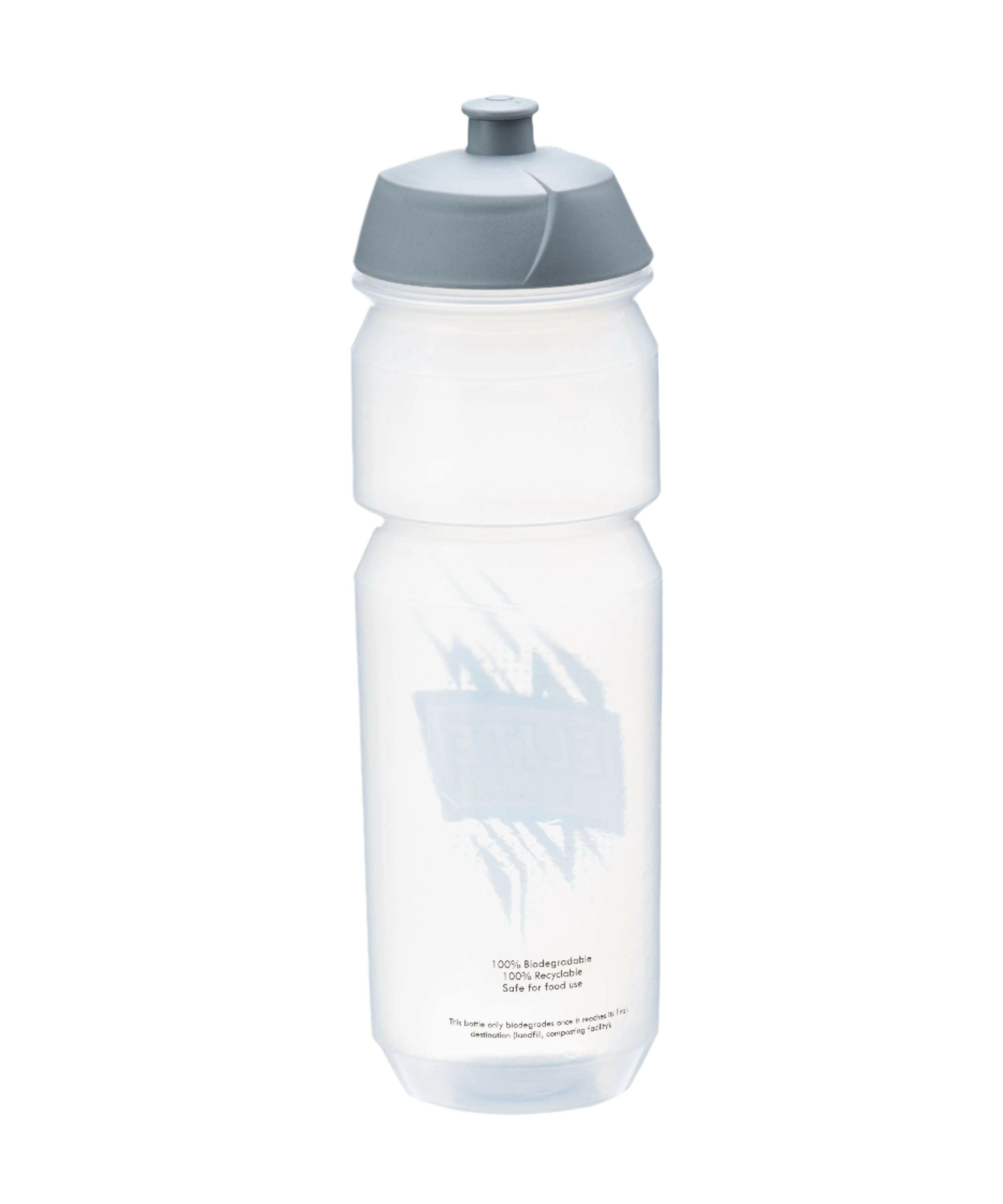 A gray and clear water bottle with 'Elite Volleyball Academy' logo printed in blue and black.