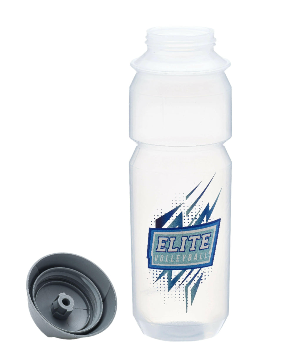 A gray and clear water bottle with 'Elite Volleyball Academy' logo printed in blue and black.