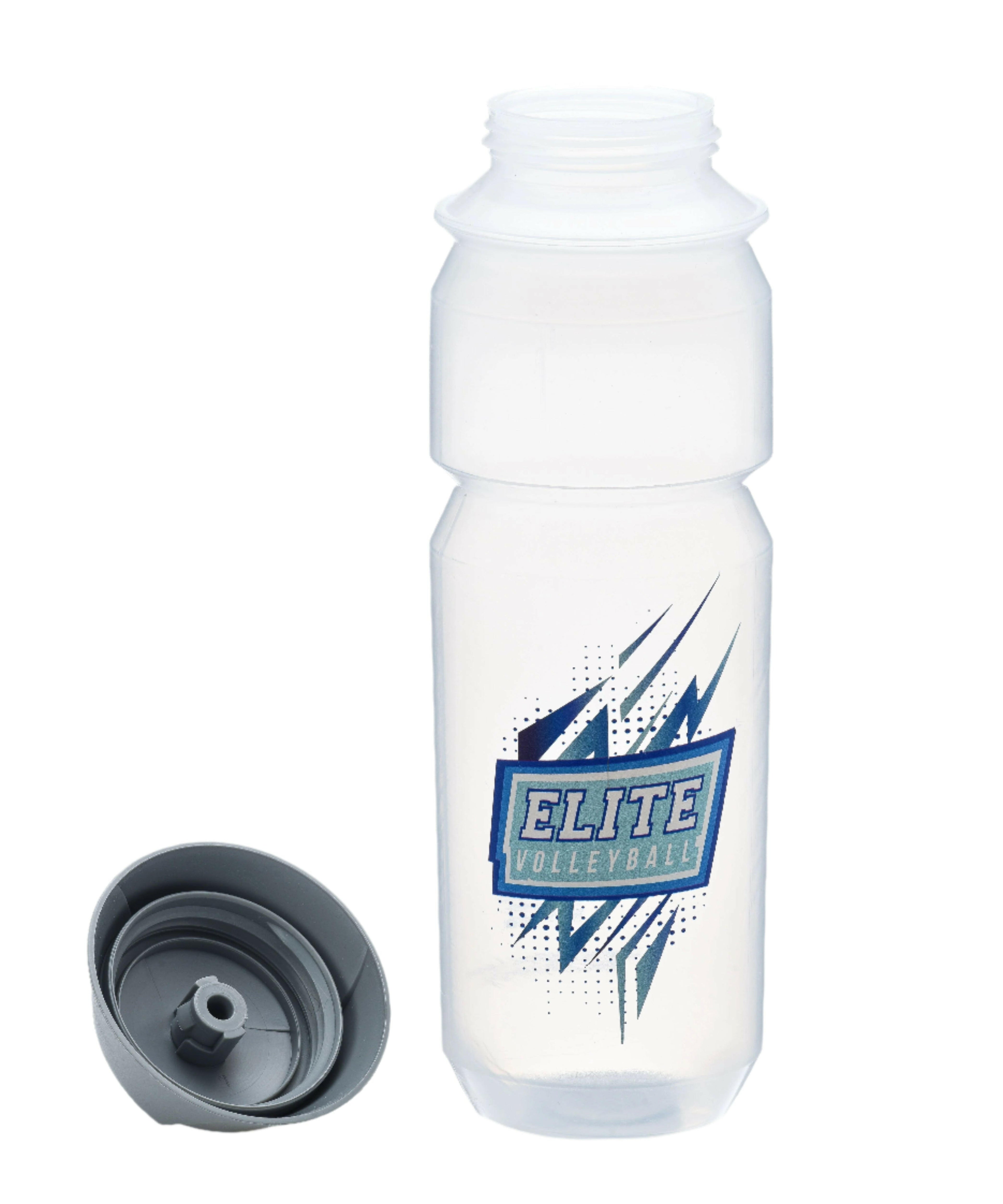 A gray and clear water bottle with 'Elite Volleyball Academy' logo printed in blue and black.