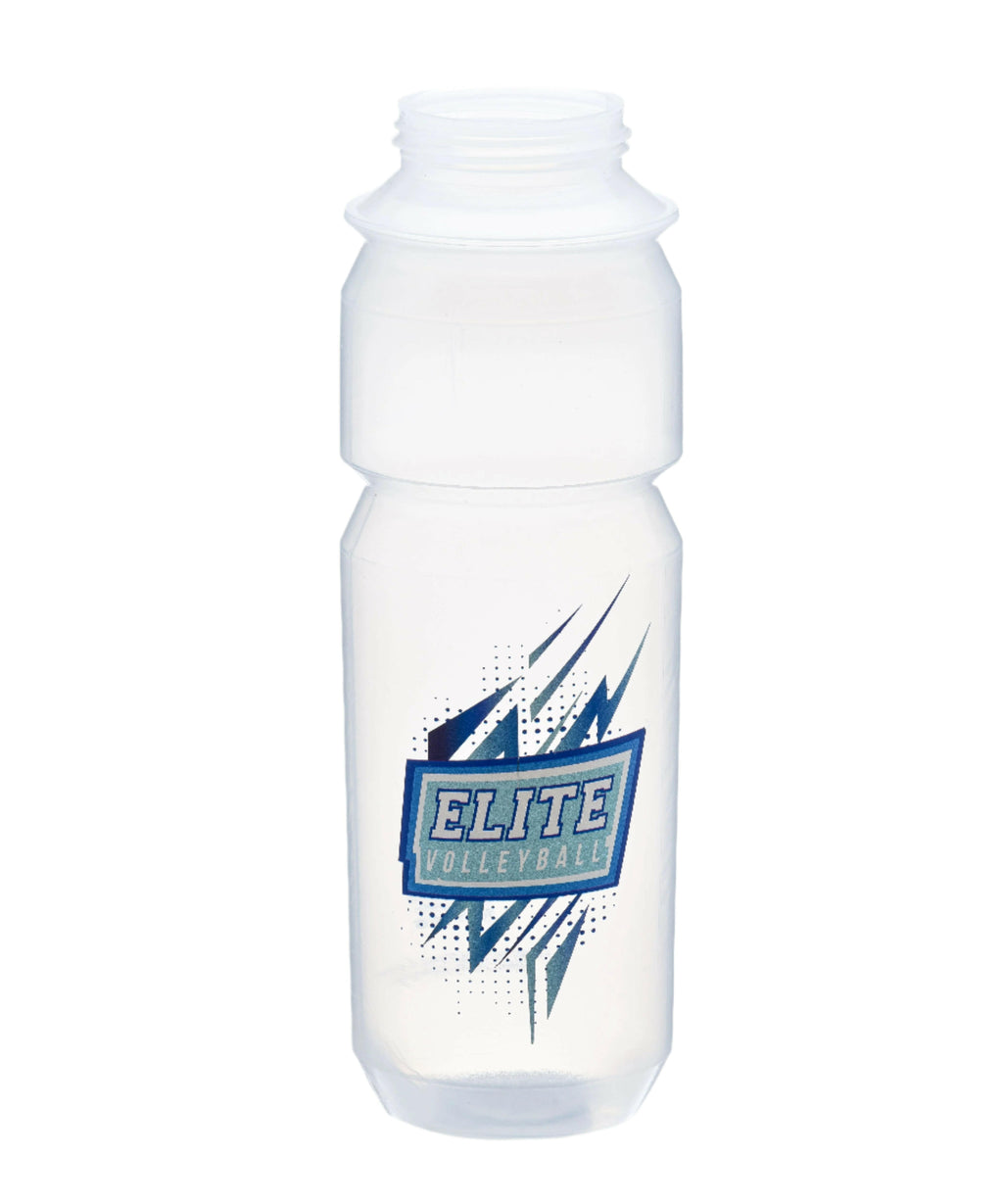 A gray and clear water bottle with 'Elite Volleyball Academy' logo printed in blue and black.