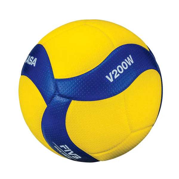 Yellow and blue Mikasa volleyball and 'FIVB' branding on a white background. Type V200W