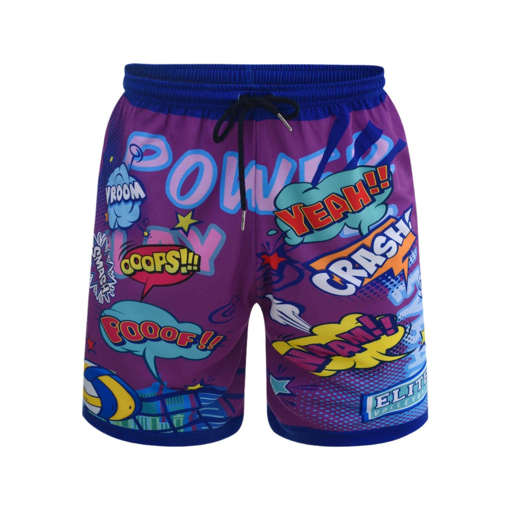 A pair of blue and purple beach volleyball shorts with a comic book-style print, including text and graphics with exclamatory phrases.