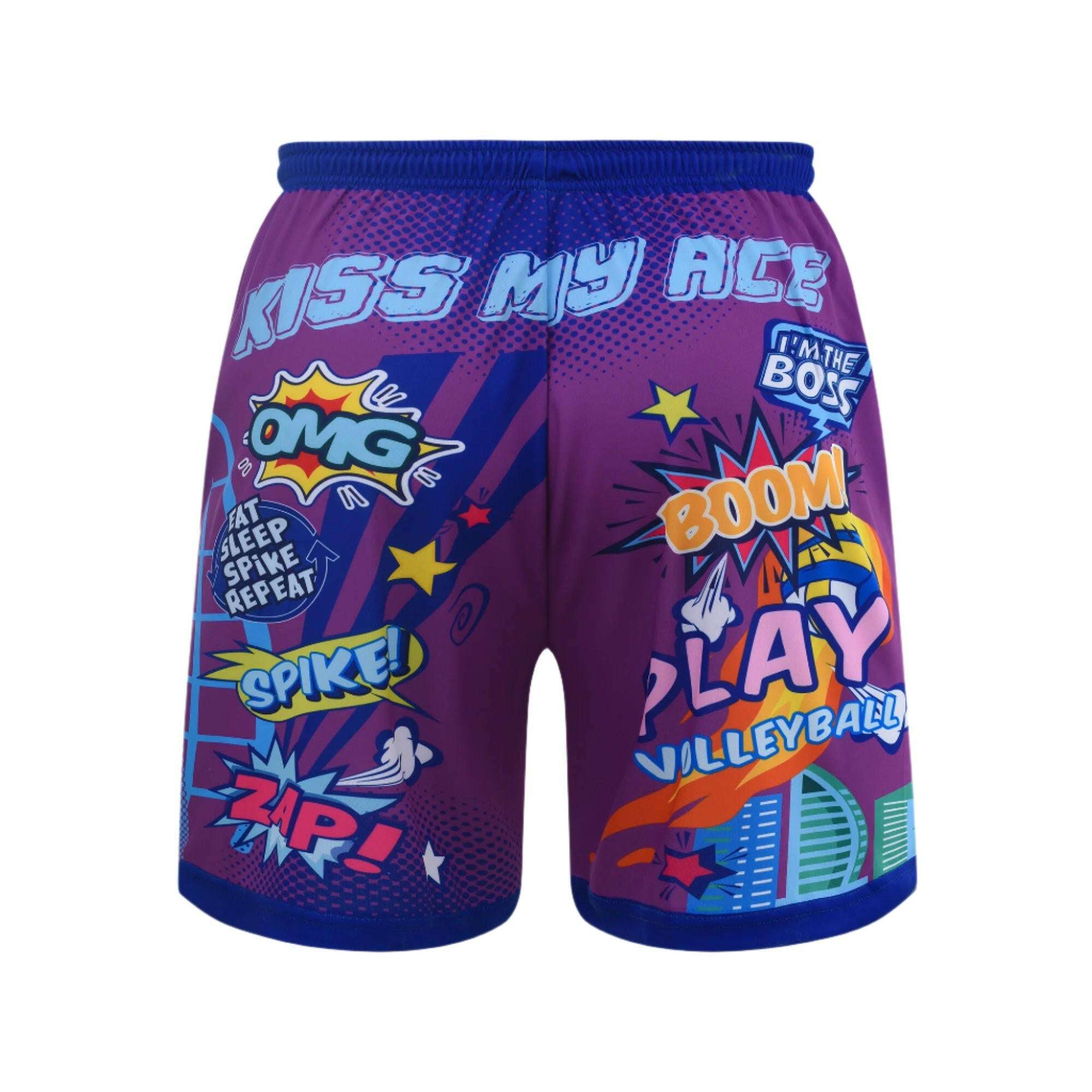 A pair of blue and purple beach volleyball shorts with a comic book-style print, including text and graphics with exclamatory phrases.