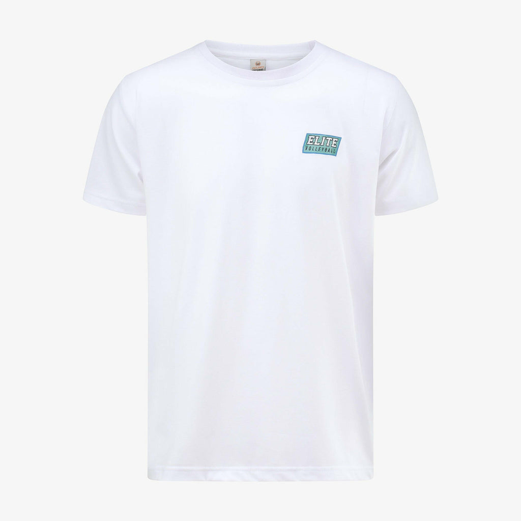 White t-shirt with a small logo on the chest against a white background