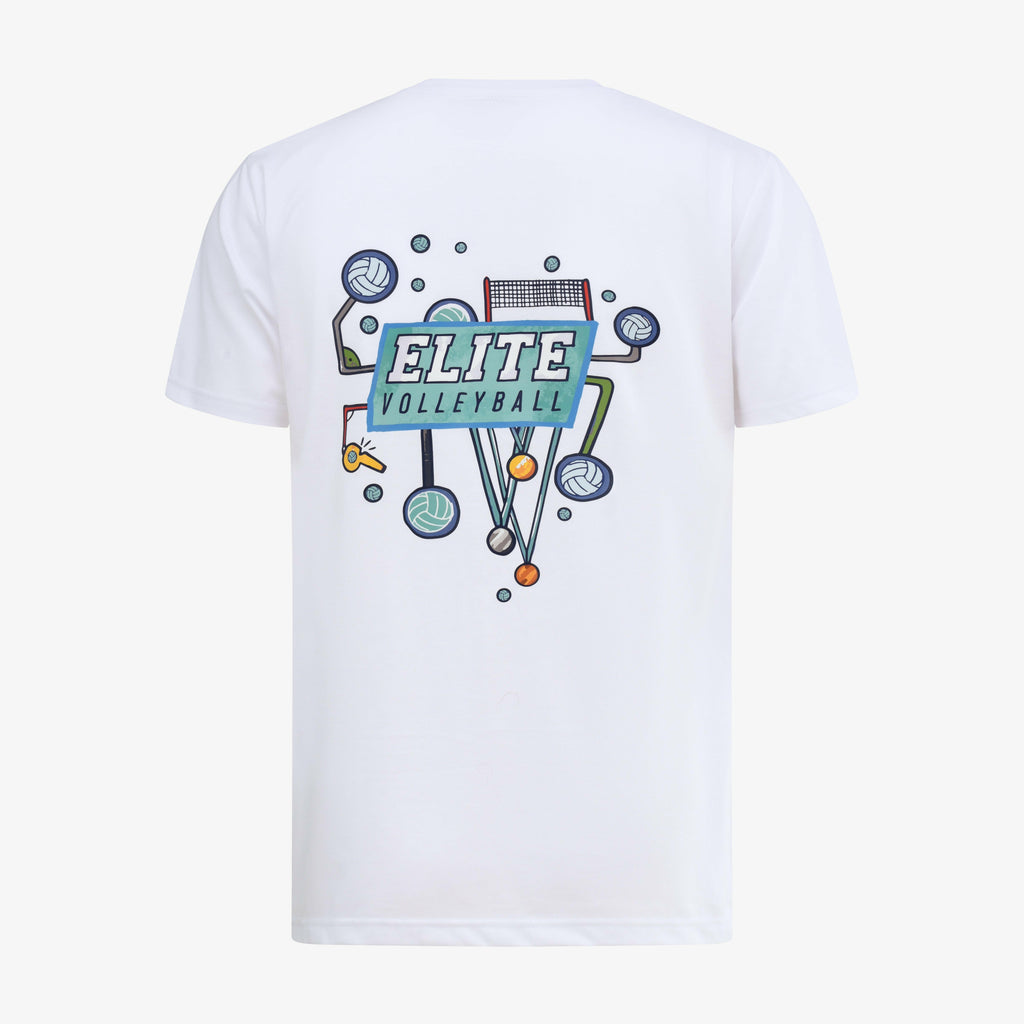 White t-shirt with 'Elite Volleyball' graphic design on a white background