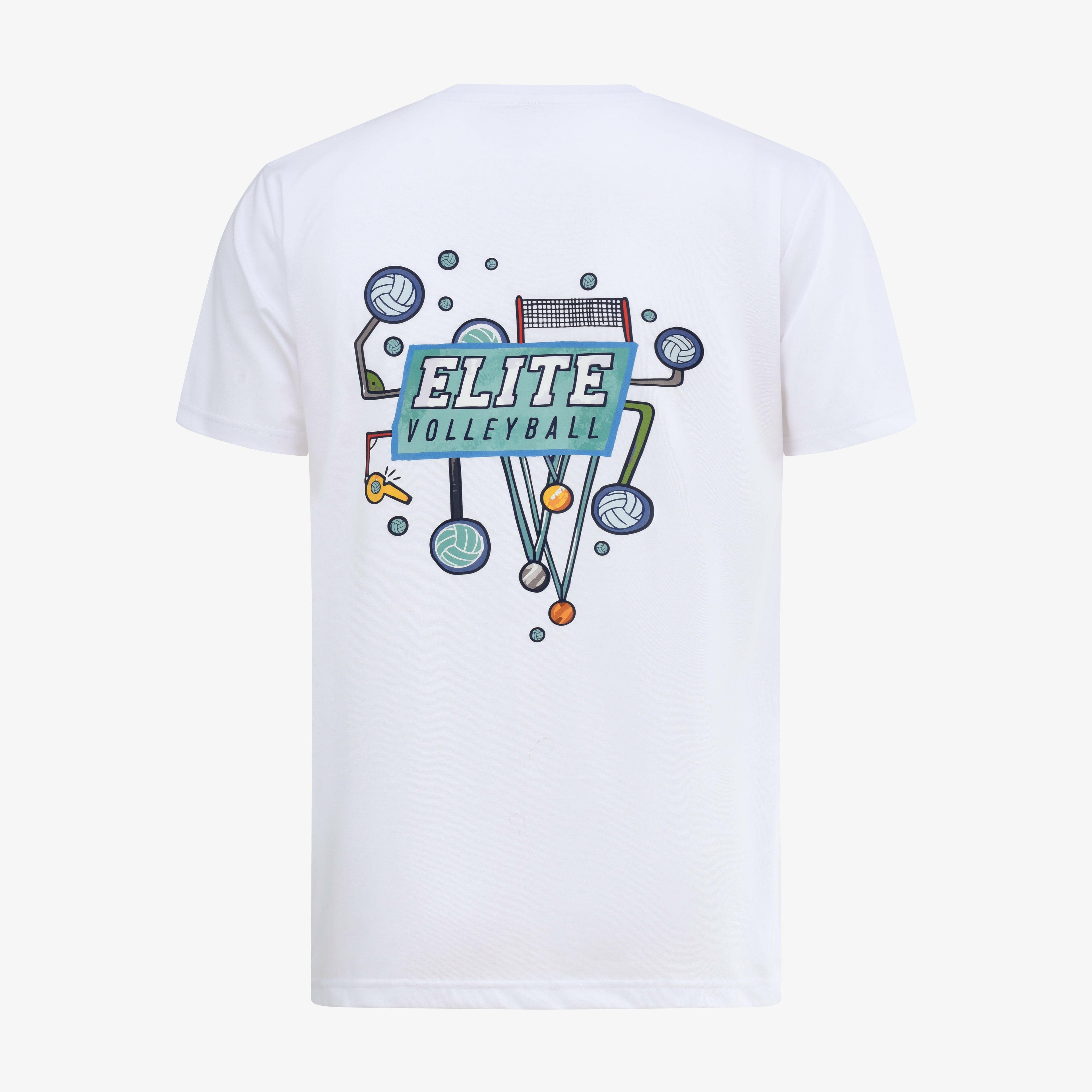 White t-shirt with 'Elite Volleyball' graphic design on a white background