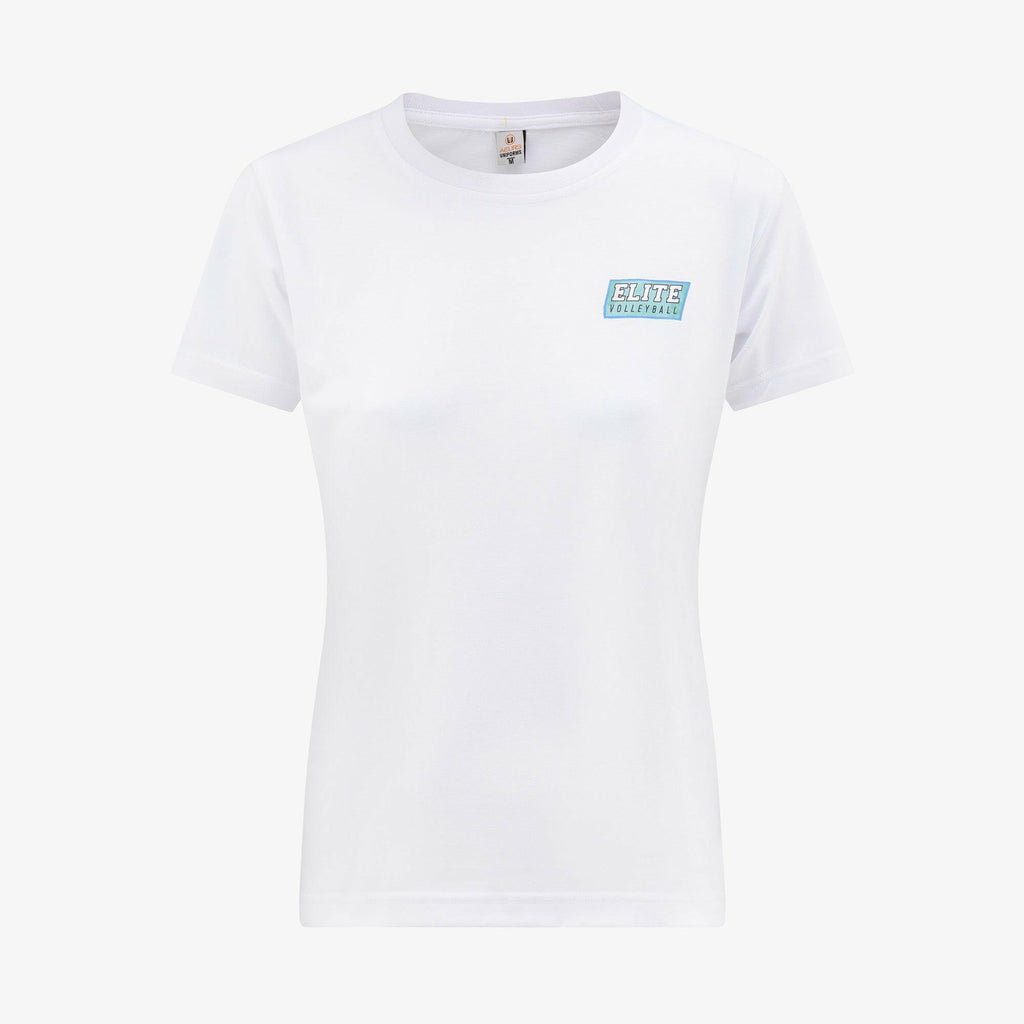 White t-shirt with a small logo on a white background