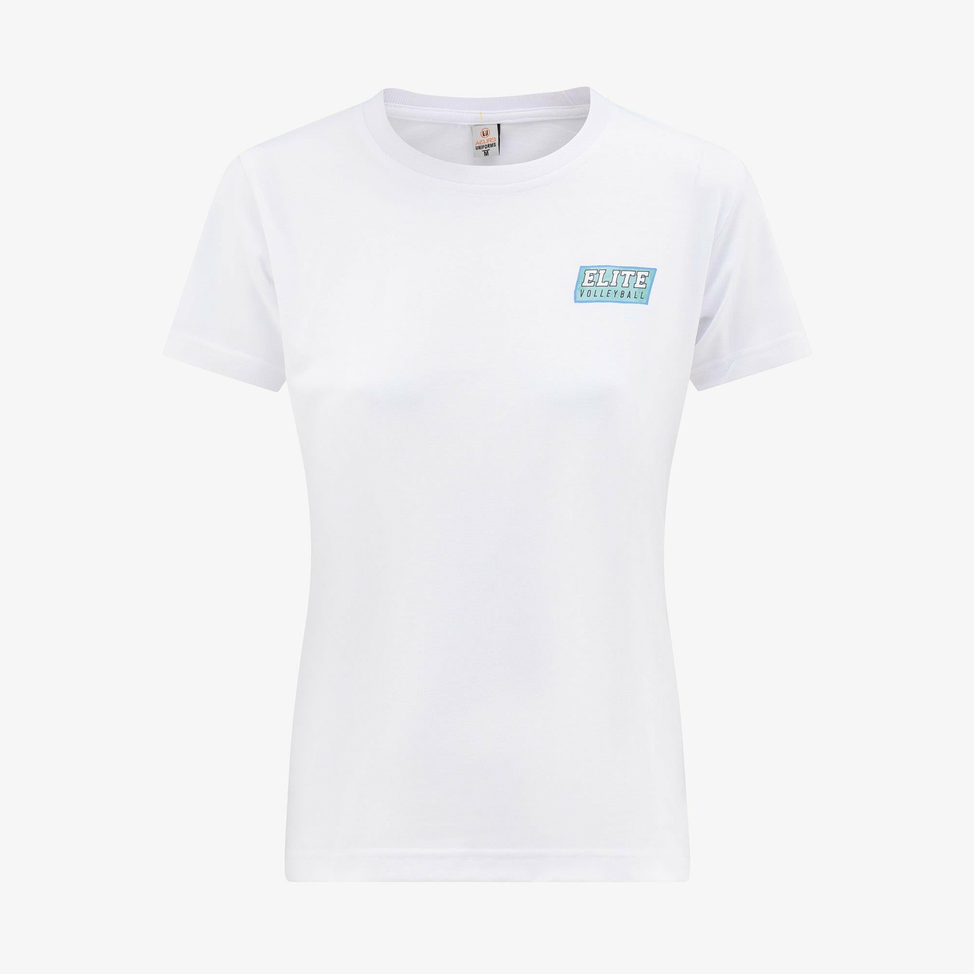 White t-shirt with a small logo on a white background