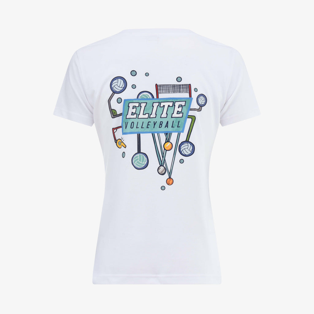 White t-shirt with 'Elite Volleyball' graphic design on a white background