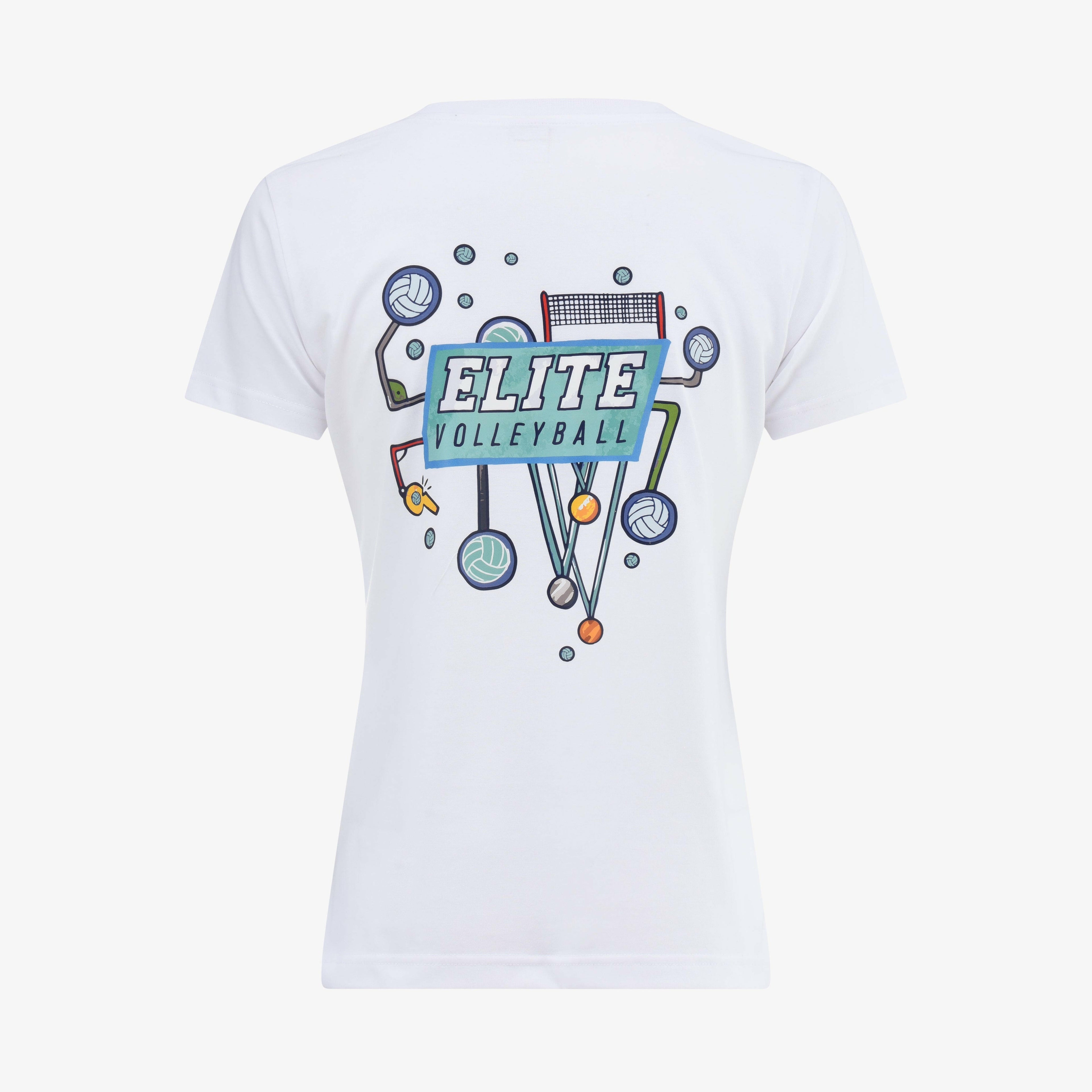 White t-shirt with 'Elite Volleyball' graphic design on a white background