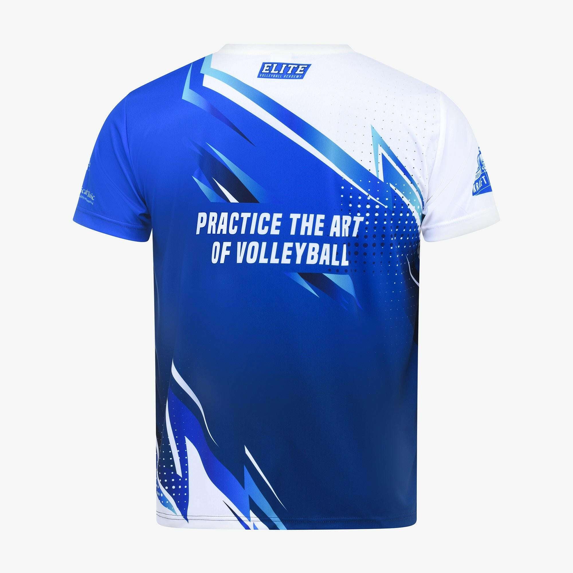 Blue and white sports jersey with 'Practice the Art of Volleyball' text on a white background