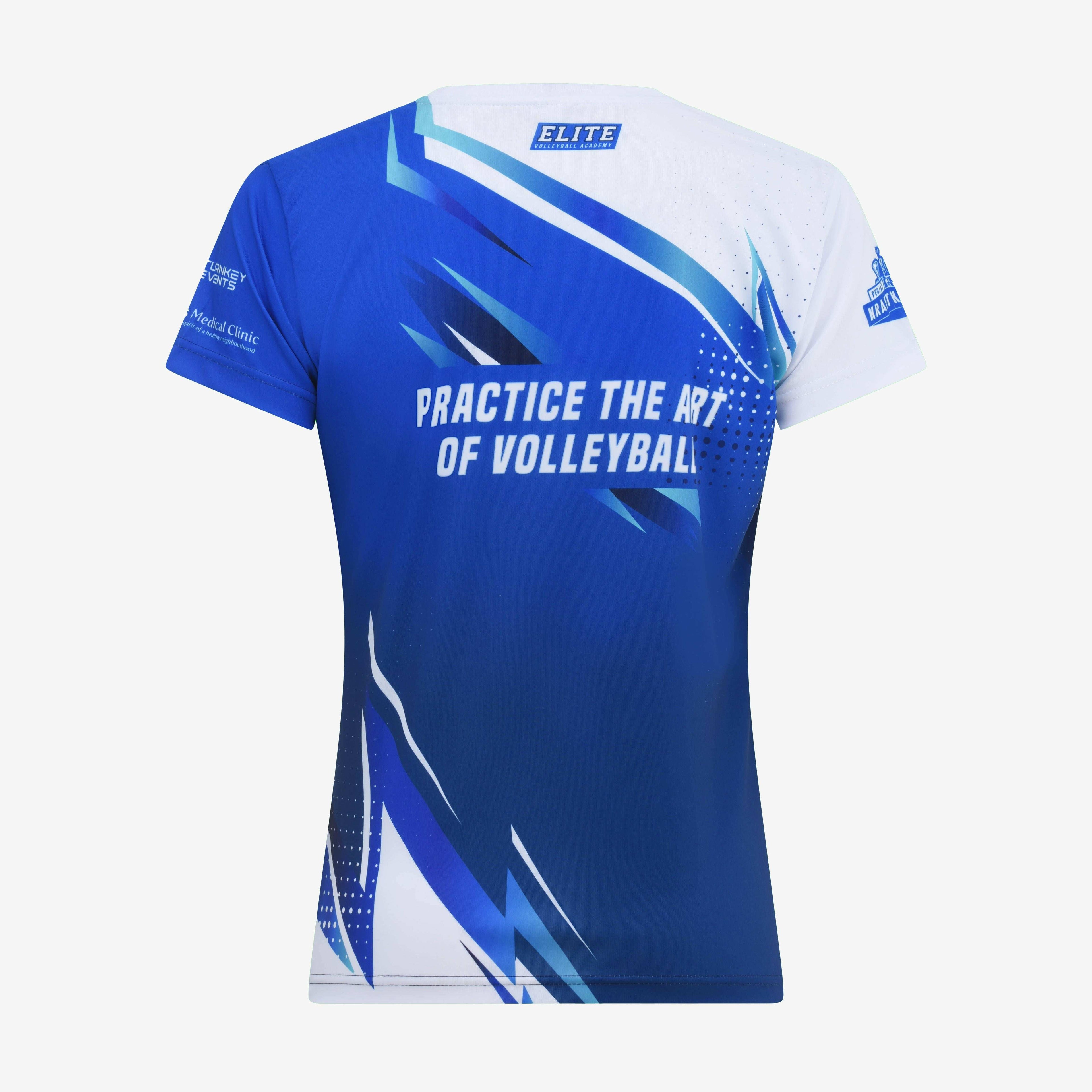 Blue and white sports jersey with 'Practice the Art of Volleyball' text on a white background