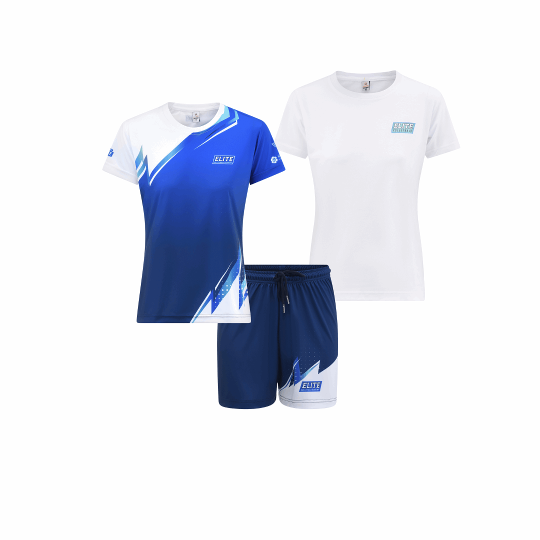 Blue and white sports outfit with shorts on a white background