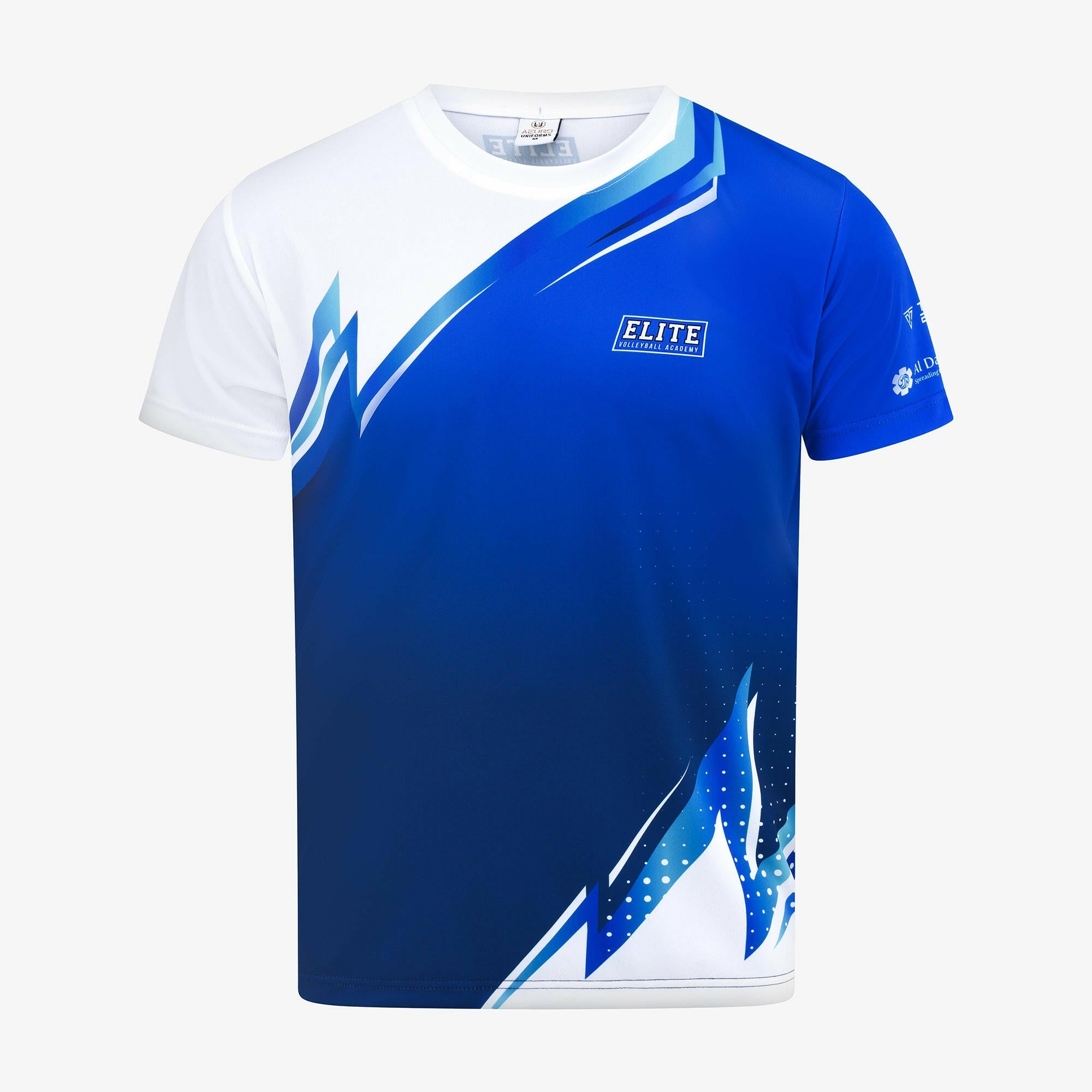 Blue and white sports jersey with 'Elite' branding 