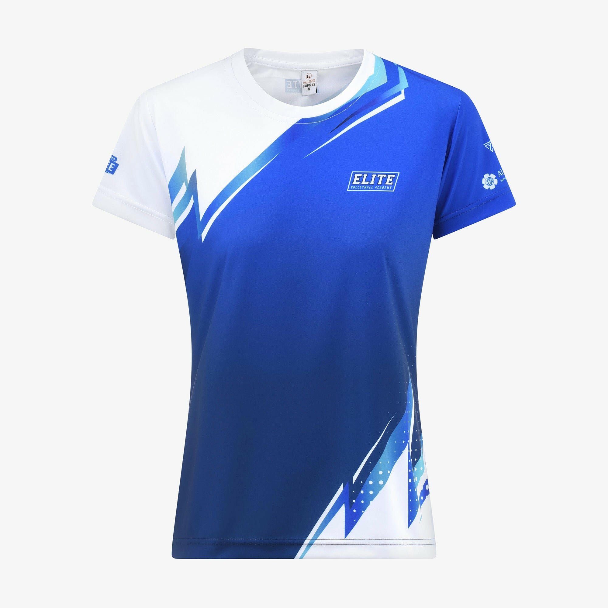 Blue and white sports jersey with 'Elite' branding on a white background