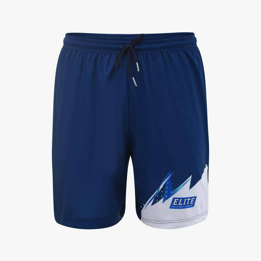 Blue athletic shorts with a mountain design and 'Elite' branding on a white background