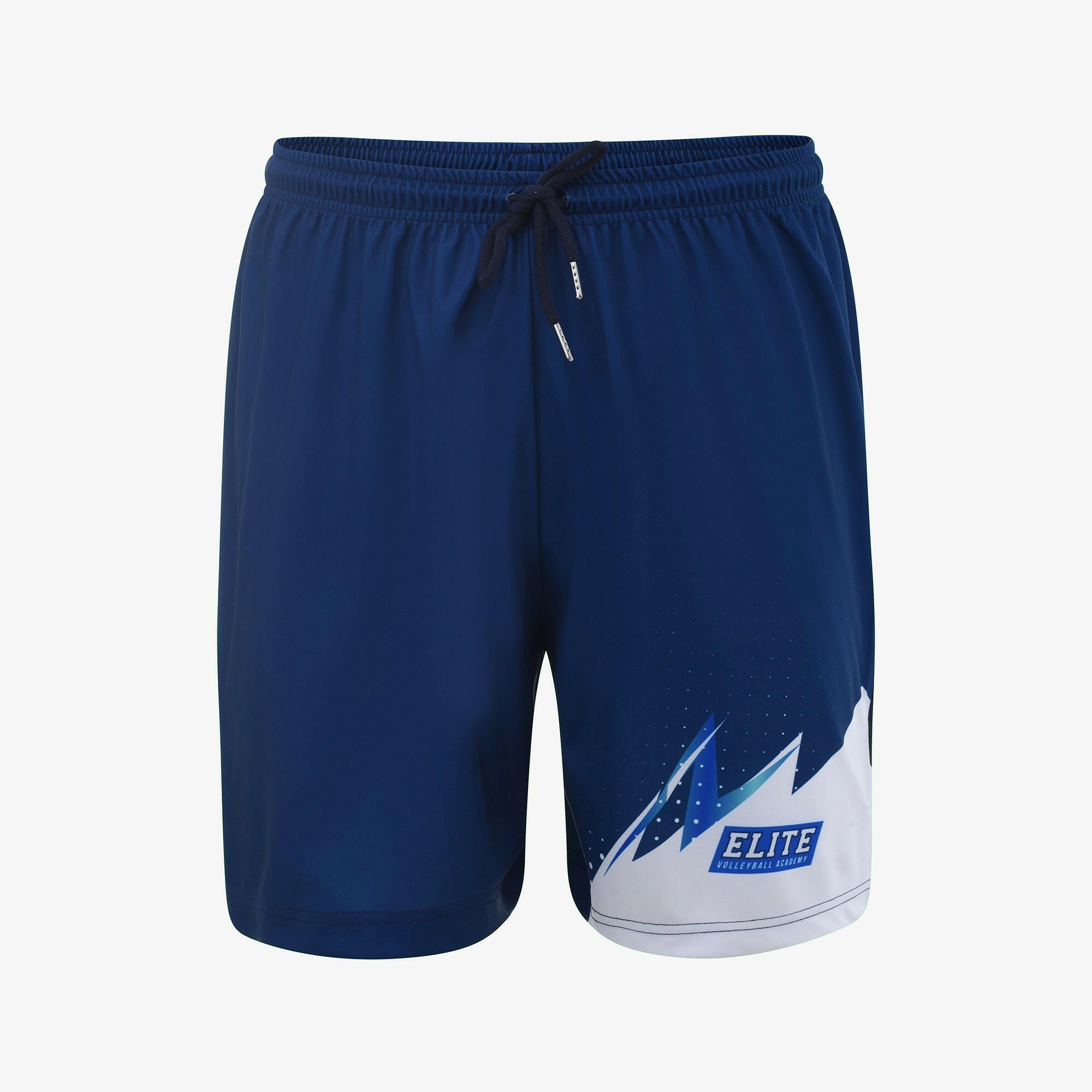 Blue athletic shorts with a mountain design and 'Elite' branding on a white background