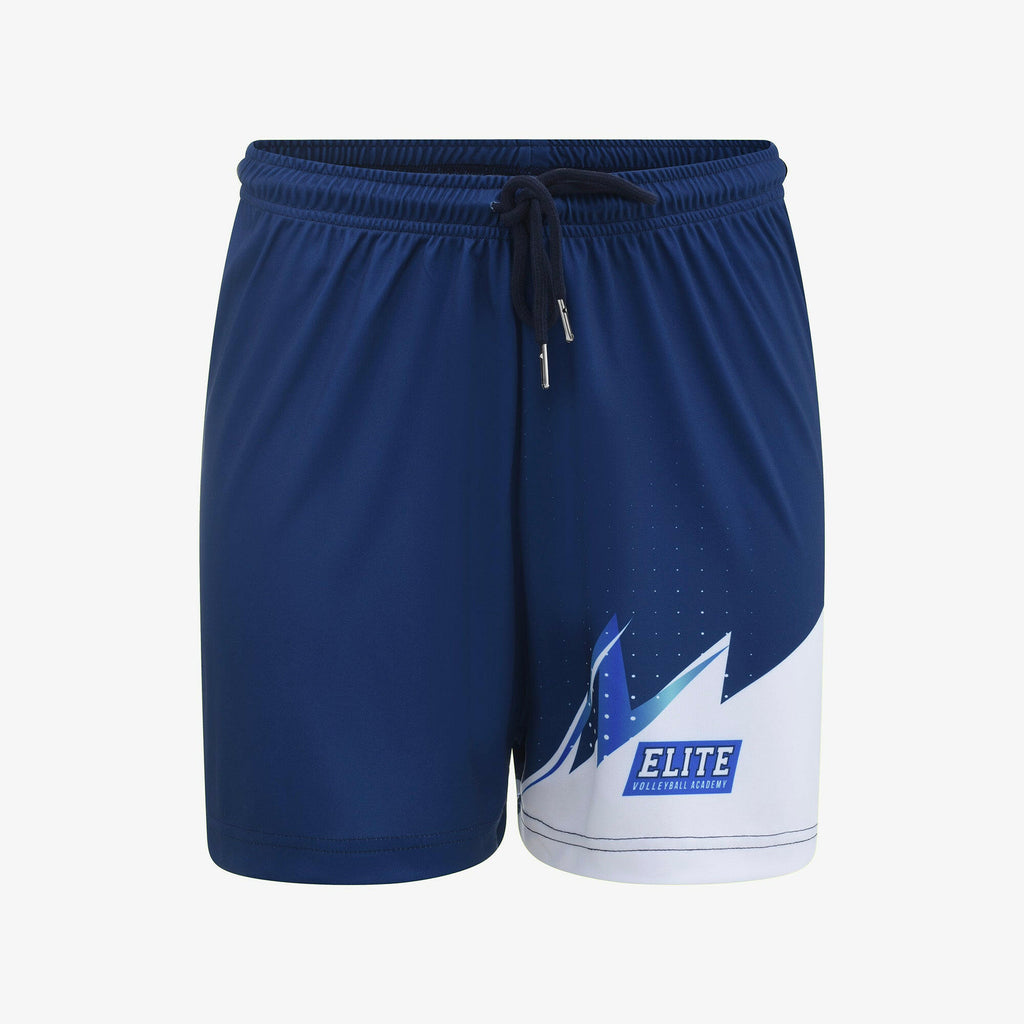 Navy blue athletic shorts with a logo on a white background