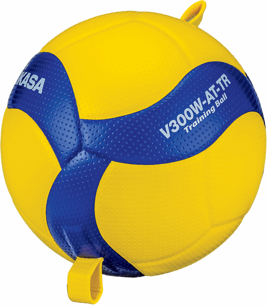 A yellow and blue Mikasa volleyball with black grip attached to it.