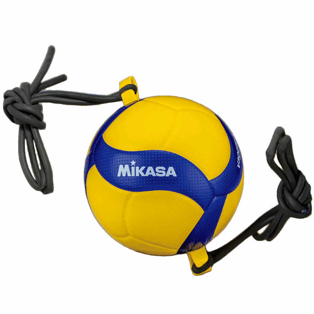 A yellow and blue Mikasa volleyball with black grip attached to it.