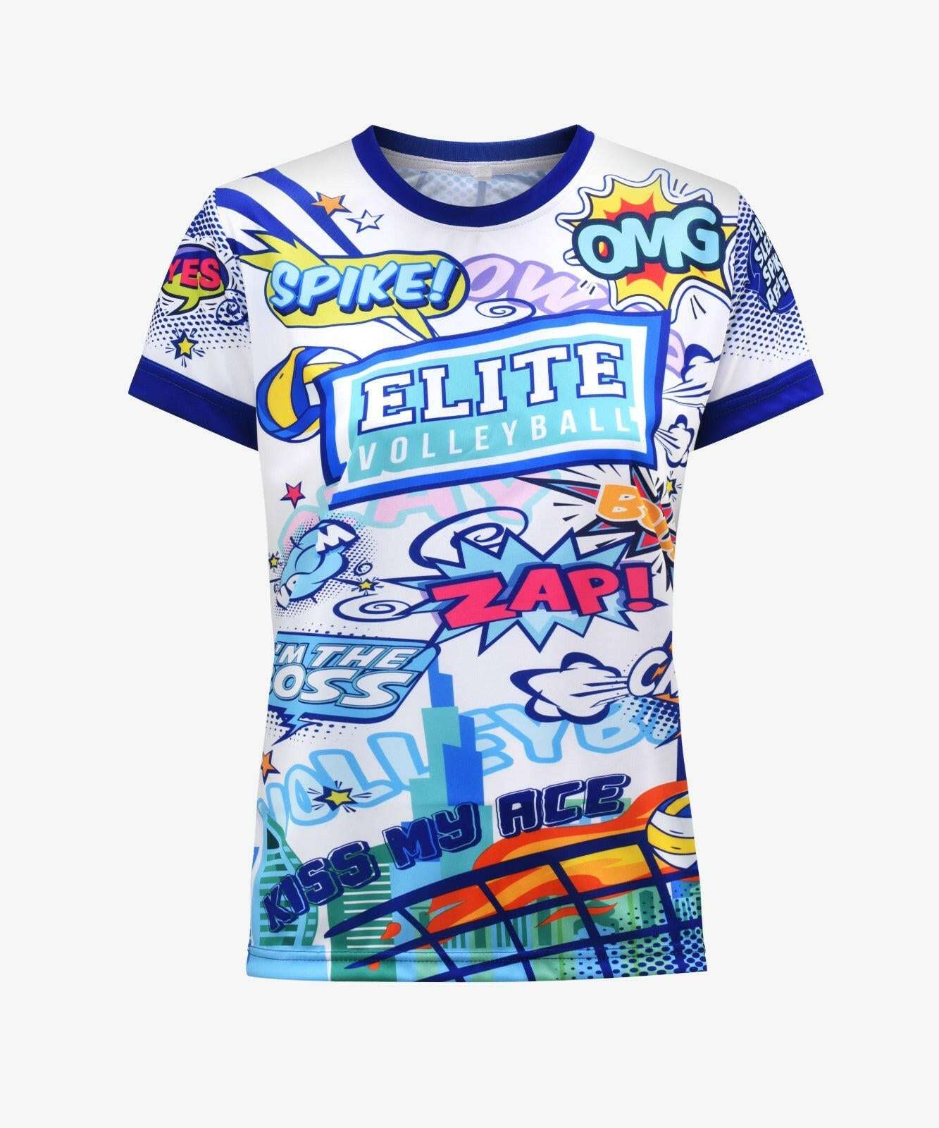 A short-sleeved white t-shirt for women with a comic book style design featuring text and characters related to volleyball.