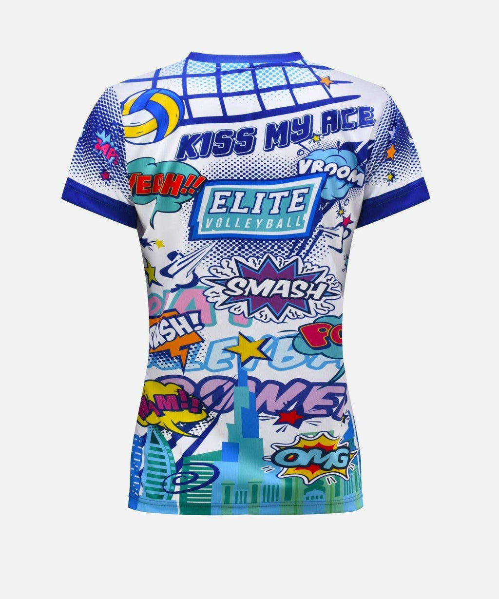 A short-sleeved white t-shirt for women with a comic book style design featuring text and characters related to volleyball.