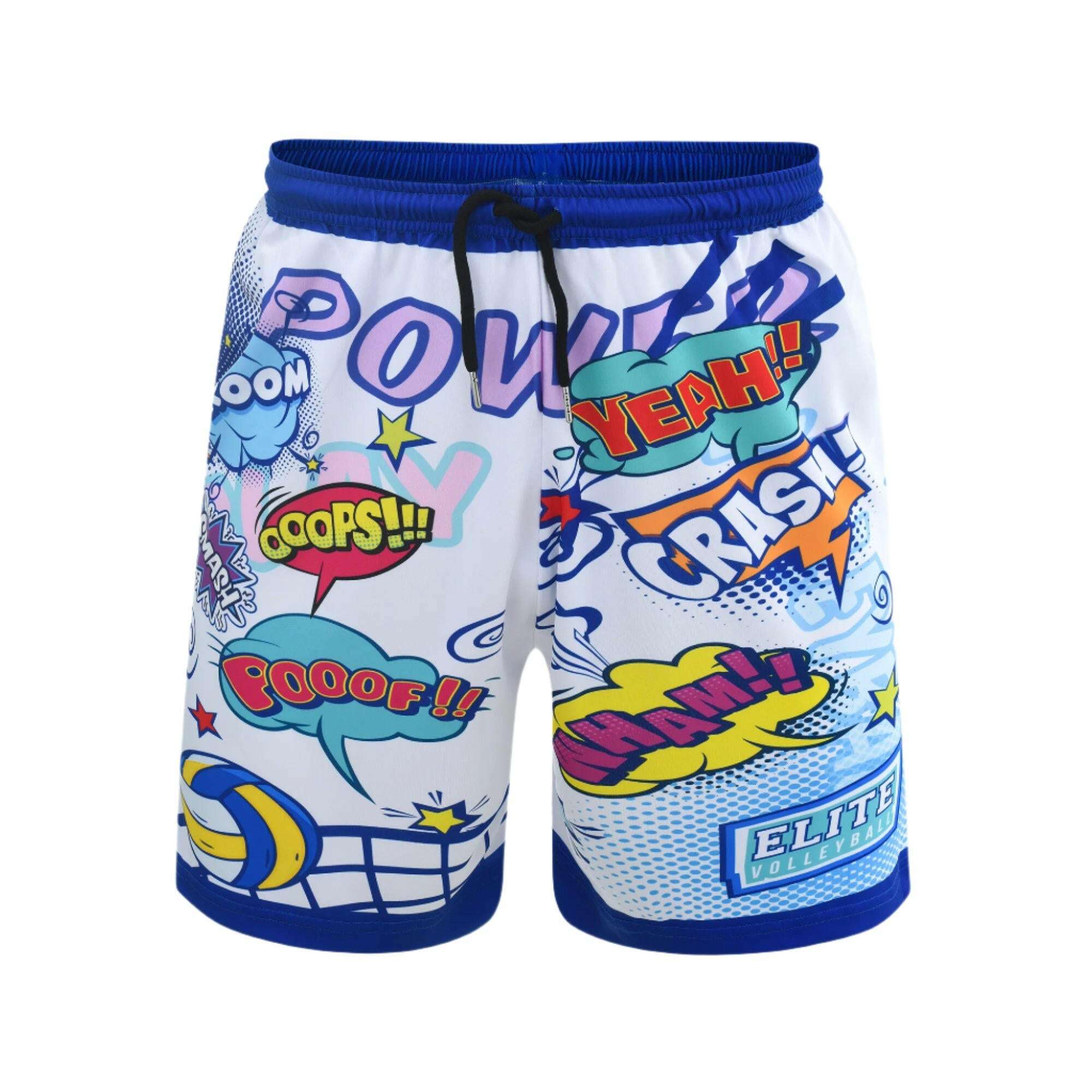 A pair of white, blue and purple beach volleyball shorts with a comic book-style print, including text and graphics with exclamatory phrases.