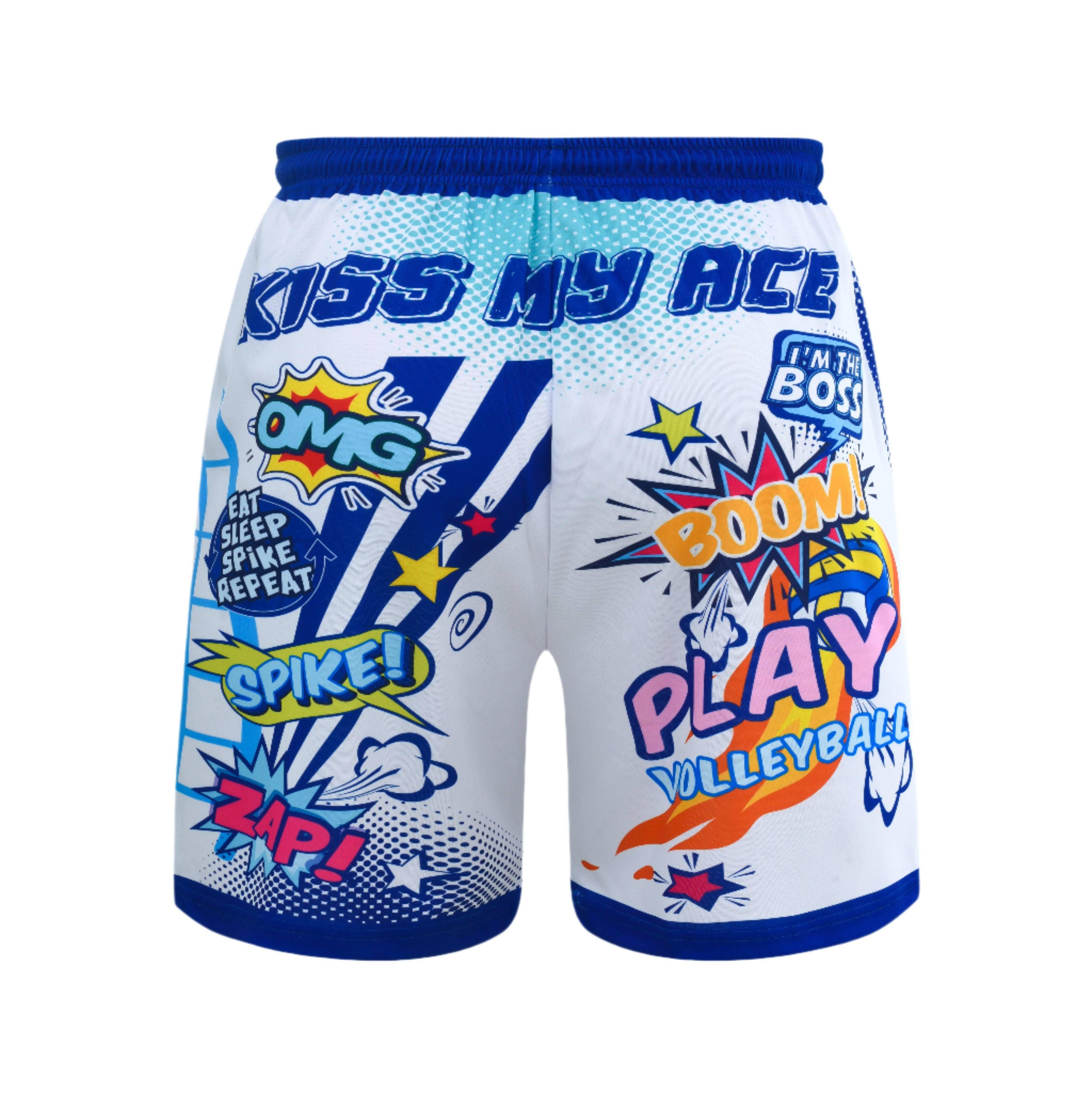 A pair of white, blue and purple beach volleyball shorts with a comic book-style print, including text and graphics with exclamatory phrases.