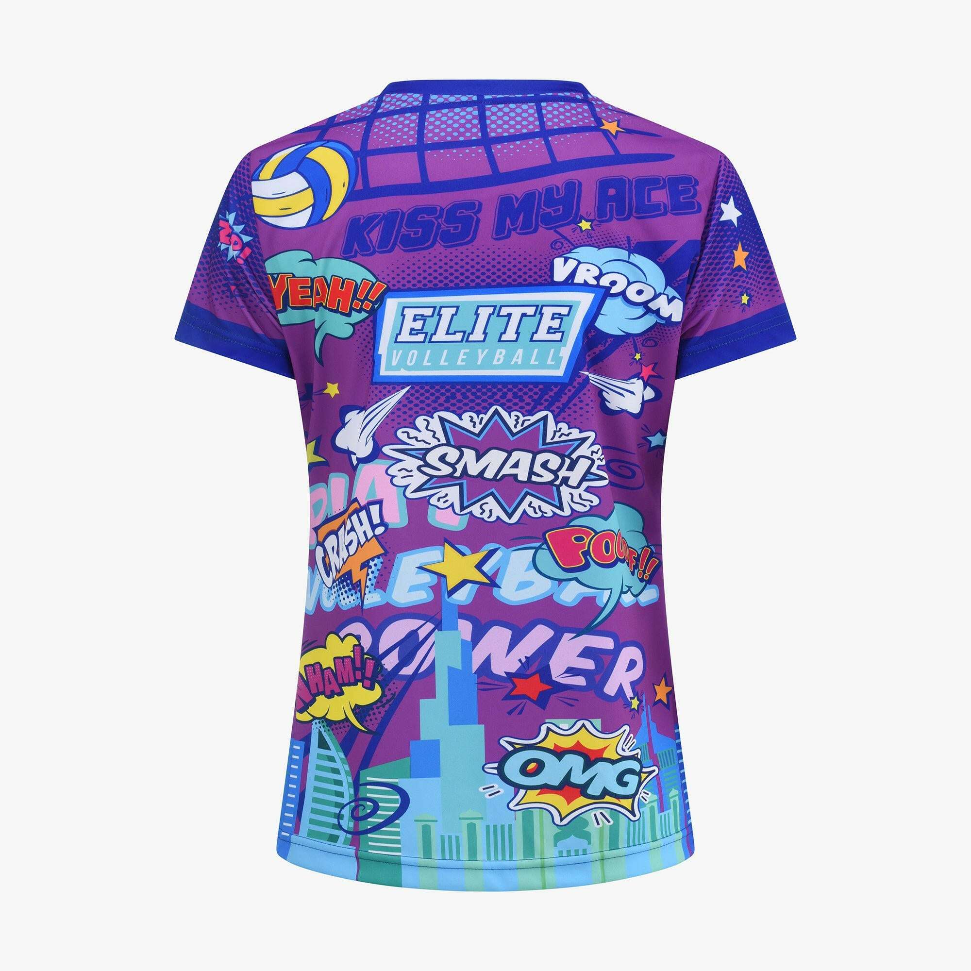 A short-sleeved purple t-shirt for women with a comic book style design featuring text and characters related to volleyball.