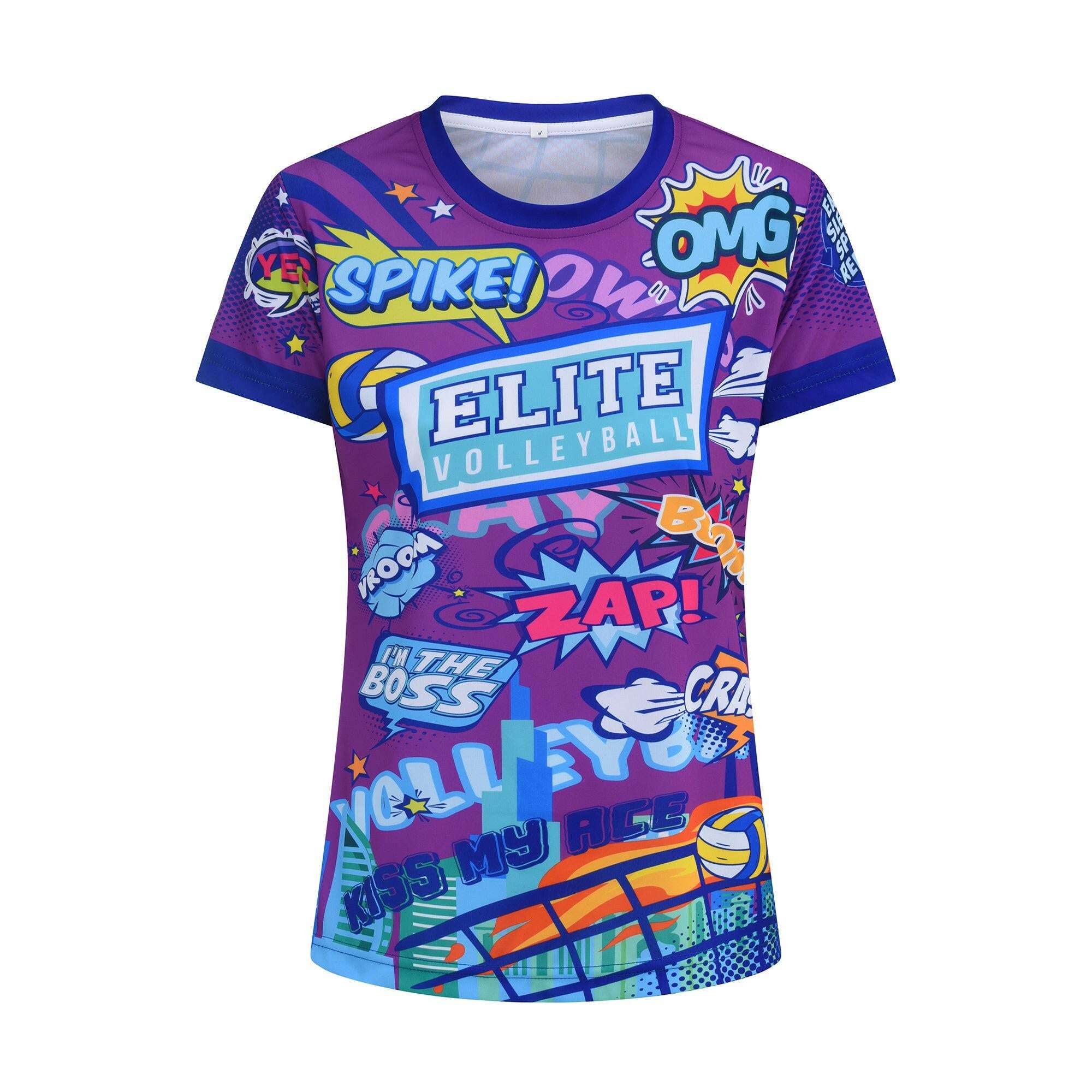 A short-sleeved purple t-shirt for women with a comic book style design featuring text and characters related to volleyball.