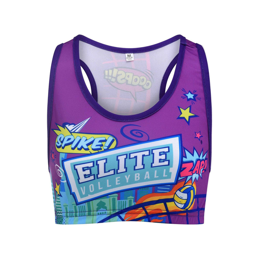 Purple sports bra with 'Elite Volleyball' text and graphics on a white background