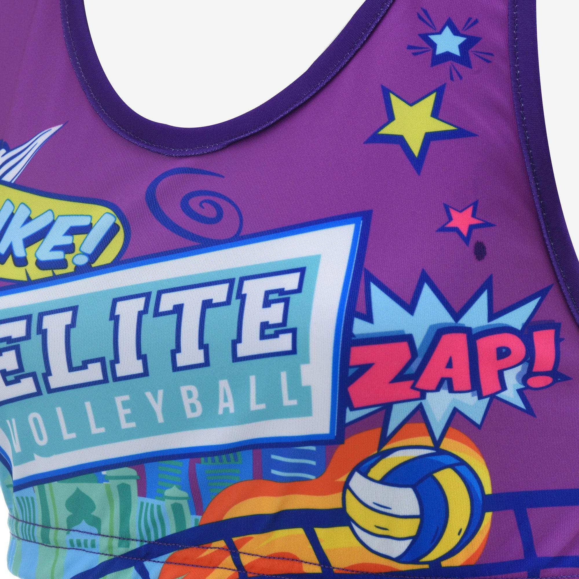 Purple sports bra with 'Elite Volleyball' text and graphics on a white background
