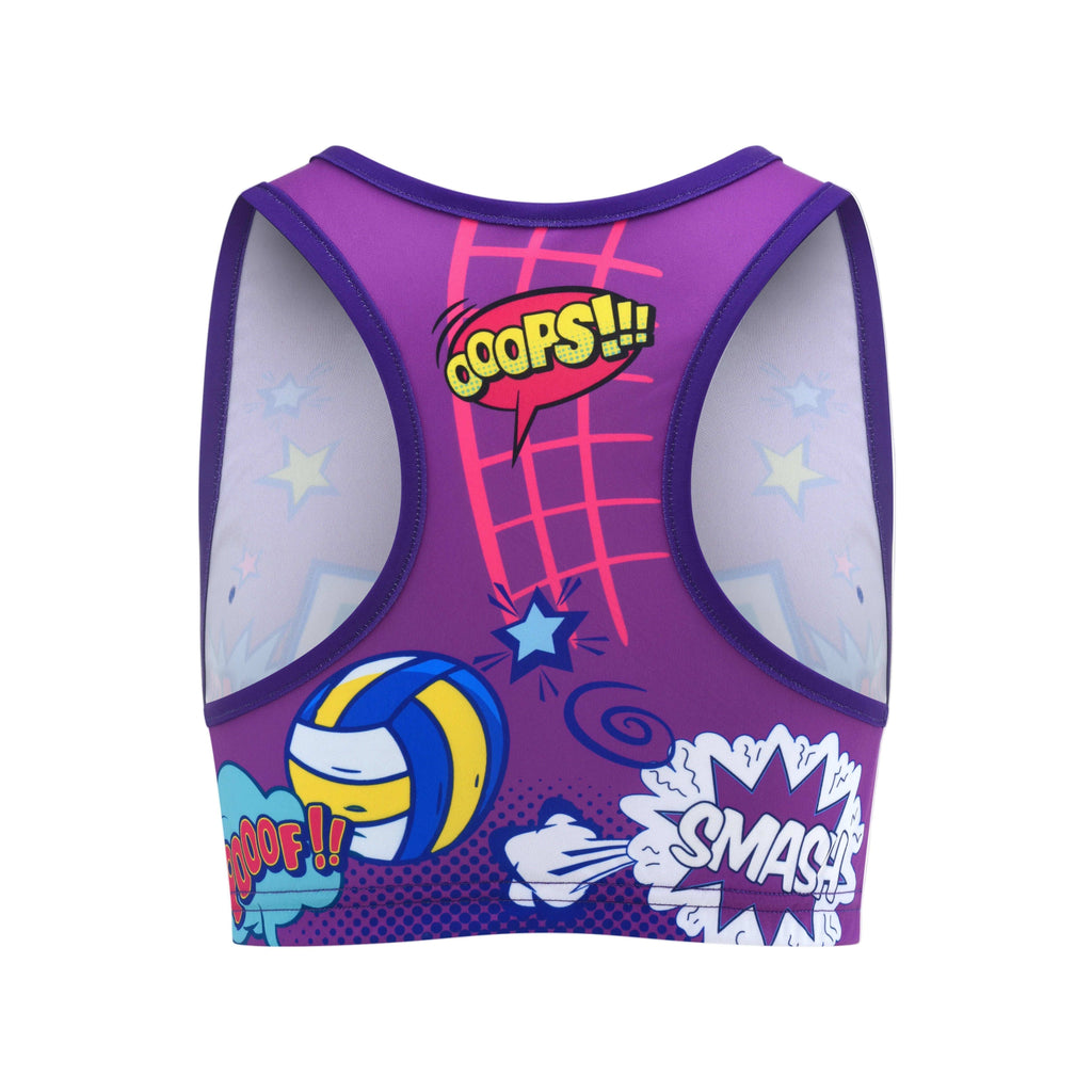 Purple sports bra with 'Elite Volleyball' text and graphics on a white background