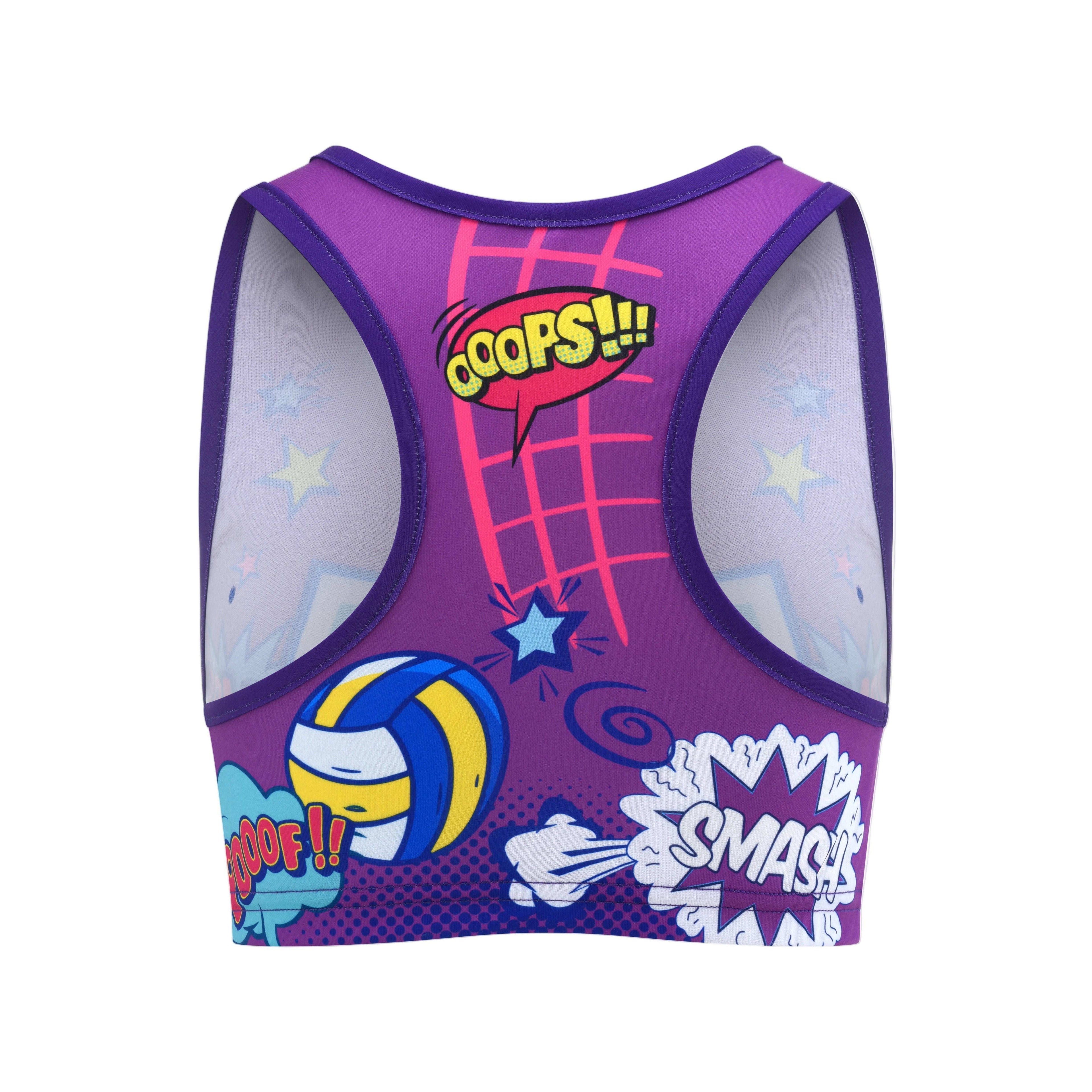 Purple sports bra with 'Elite Volleyball' text and graphics on a white background