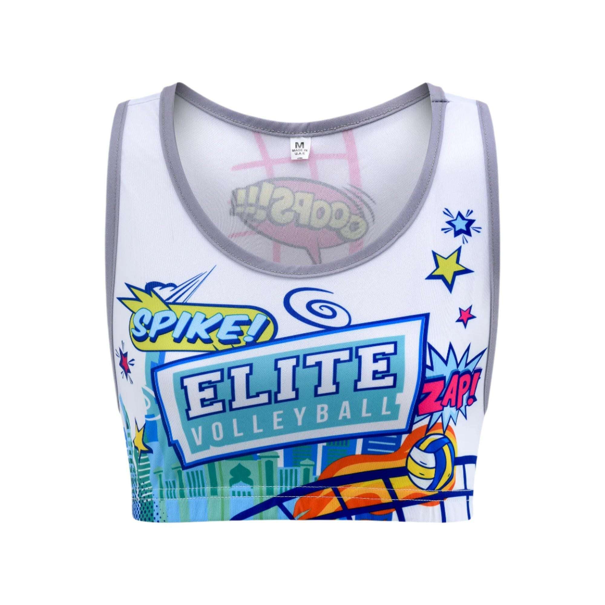 A cropped tank top with a colorful comic book style graphic that includes the text 'ELITE VOLLEYBALL' and various volleyball-themed graphics such as a volleyball and stars.