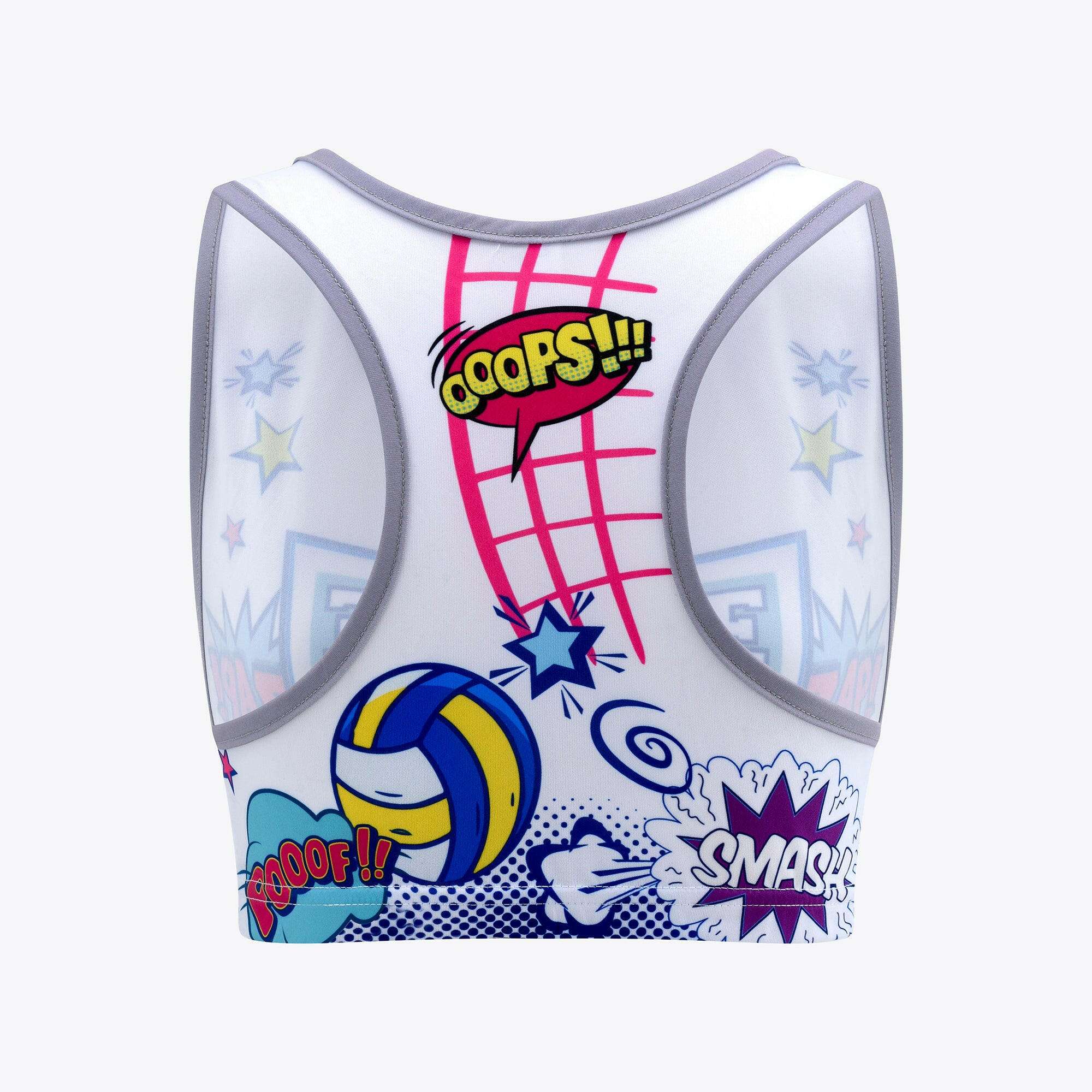 A cropped tank top with a colorful comic book style graphic that includes the text 'ELITE VOLLEYBALL' and various volleyball-themed graphics such as a volleyball and stars.